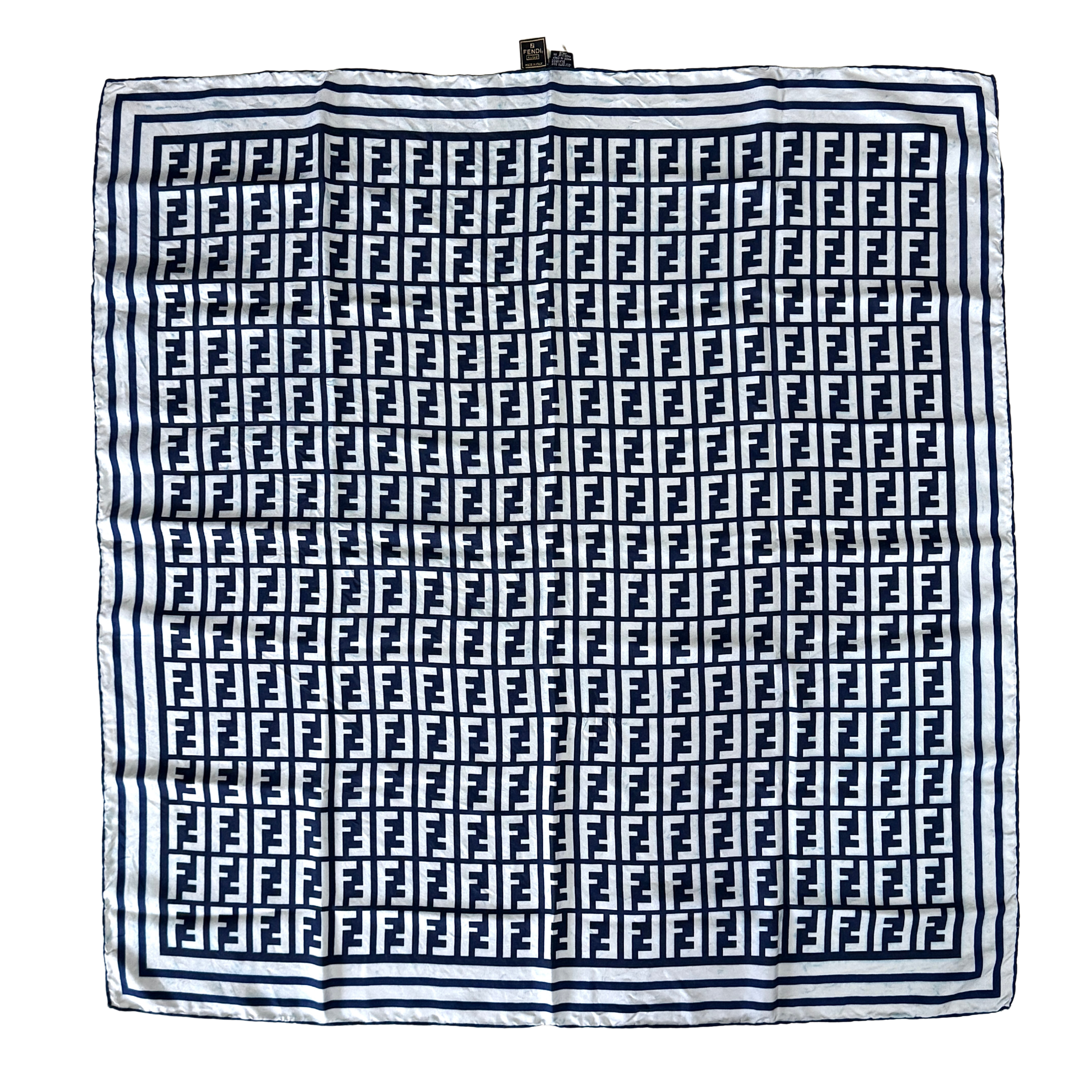 Fendi FF monogram silk scarf in navy blue and white featuring an all-over FF logo pattern with graphic border detailing, shown with Fendi label.