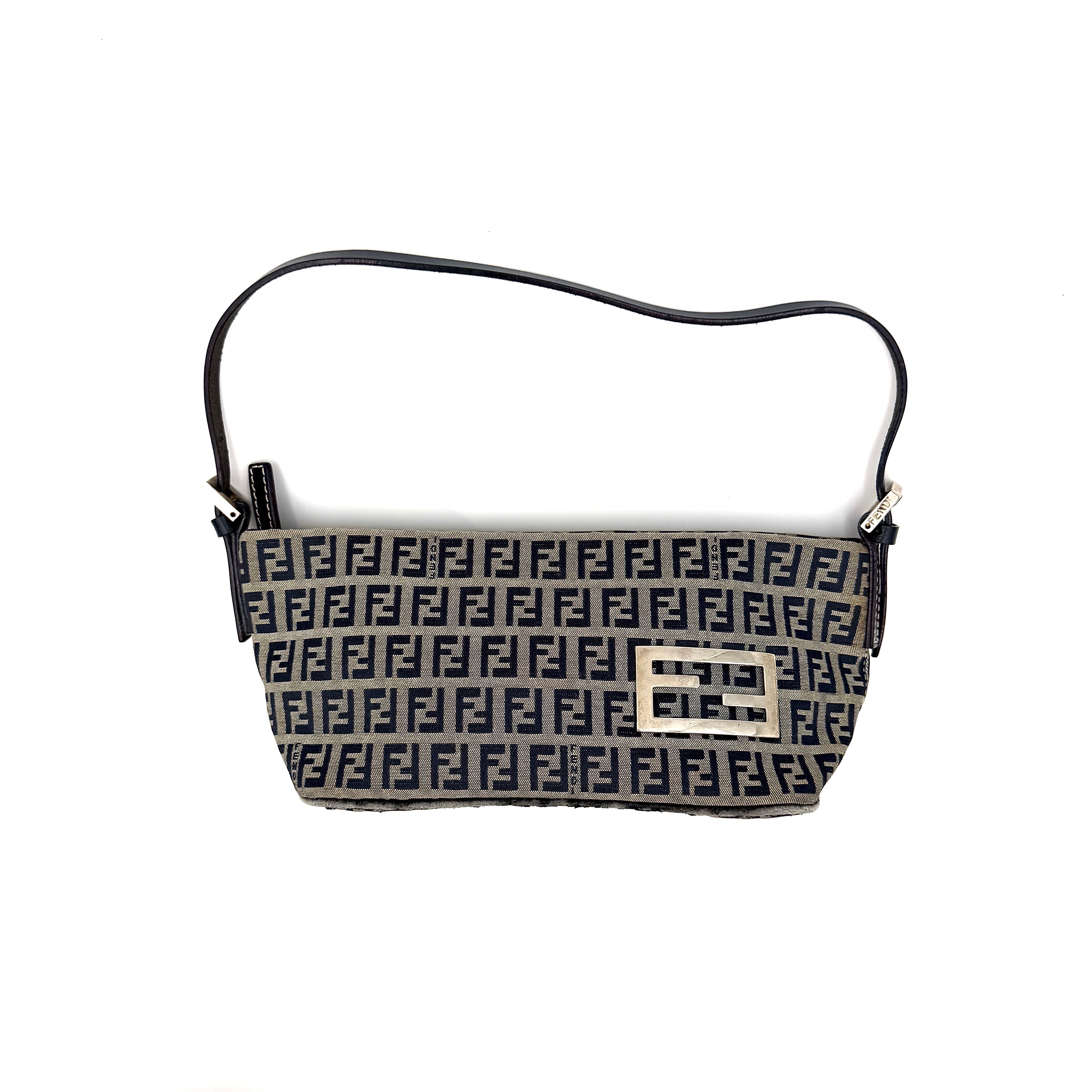 Fendi FF Zucca Boat Pochette Shoulder Bag in grey and black monogram canvas with silver-tone FF buckle.