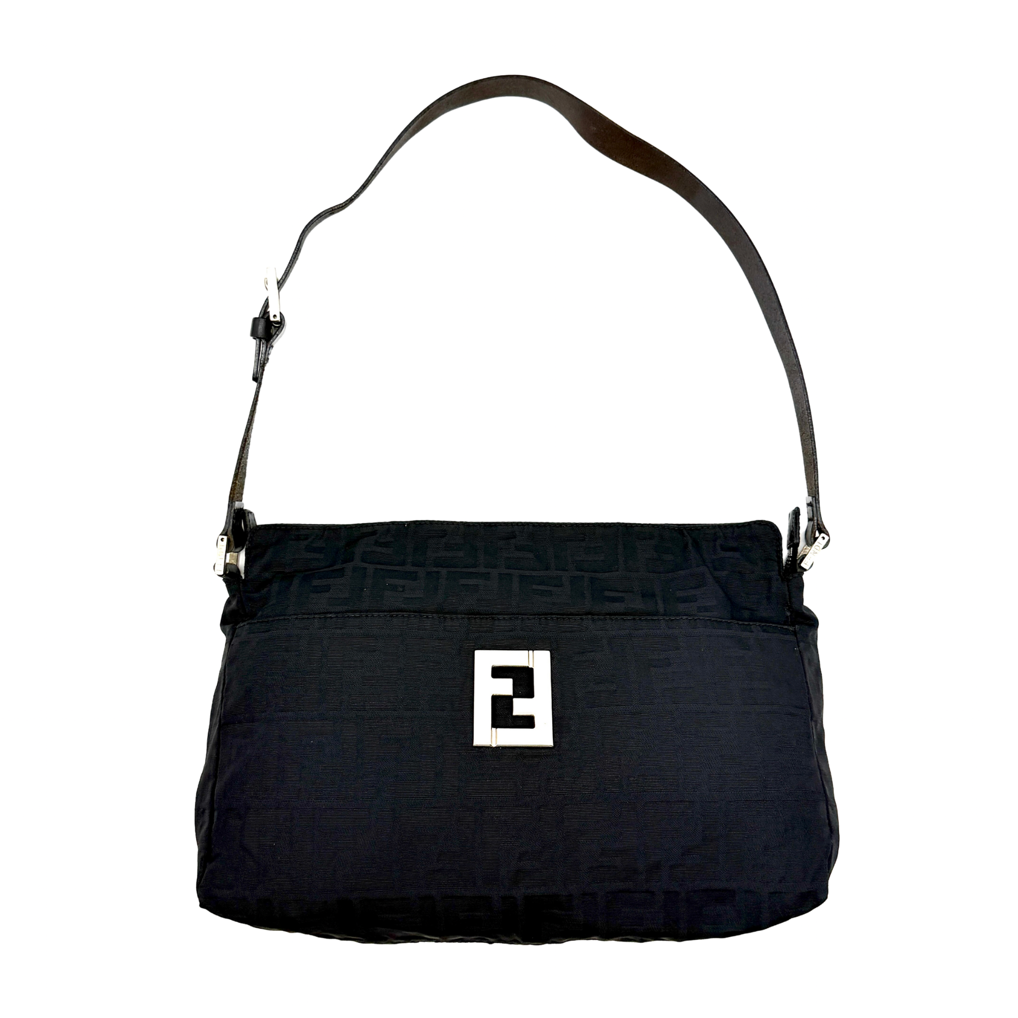 Fendi Zucca FF Nylon Preloved Luxury Shoulder Bag in black with silver-tone buckle and leather strap.