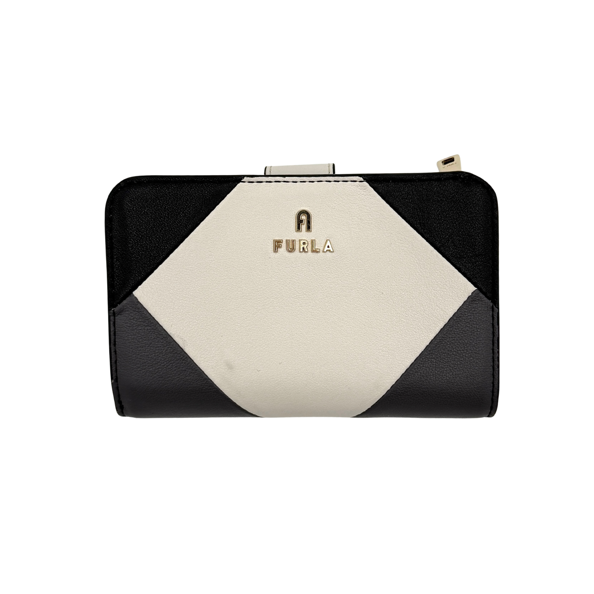 Furla Camelia M Compact Wallet in black and white with geometric design, multiple compartments, and sleek silhouette