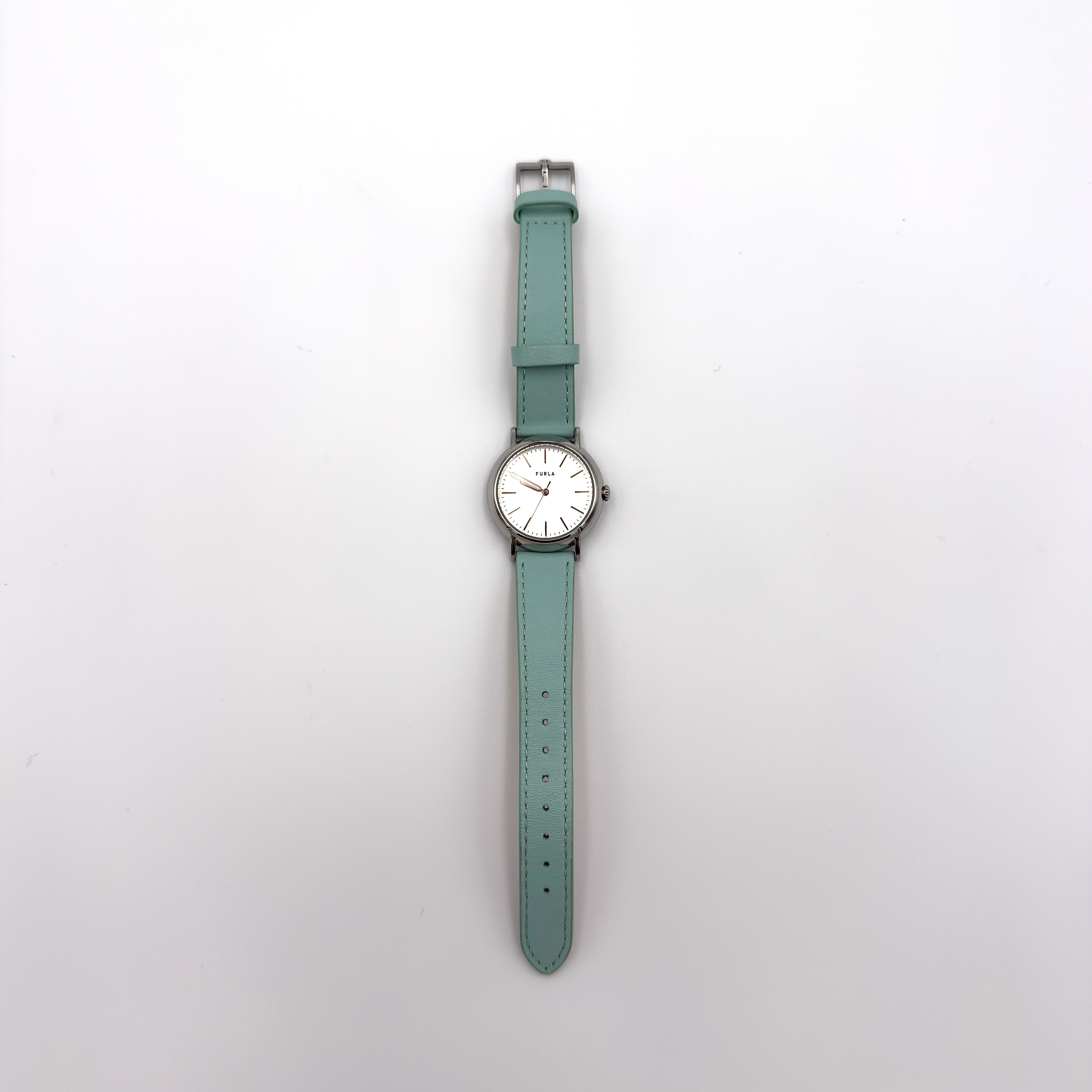 Furla Easy Shape watch with silver dial and Tiffany blue leather strap.