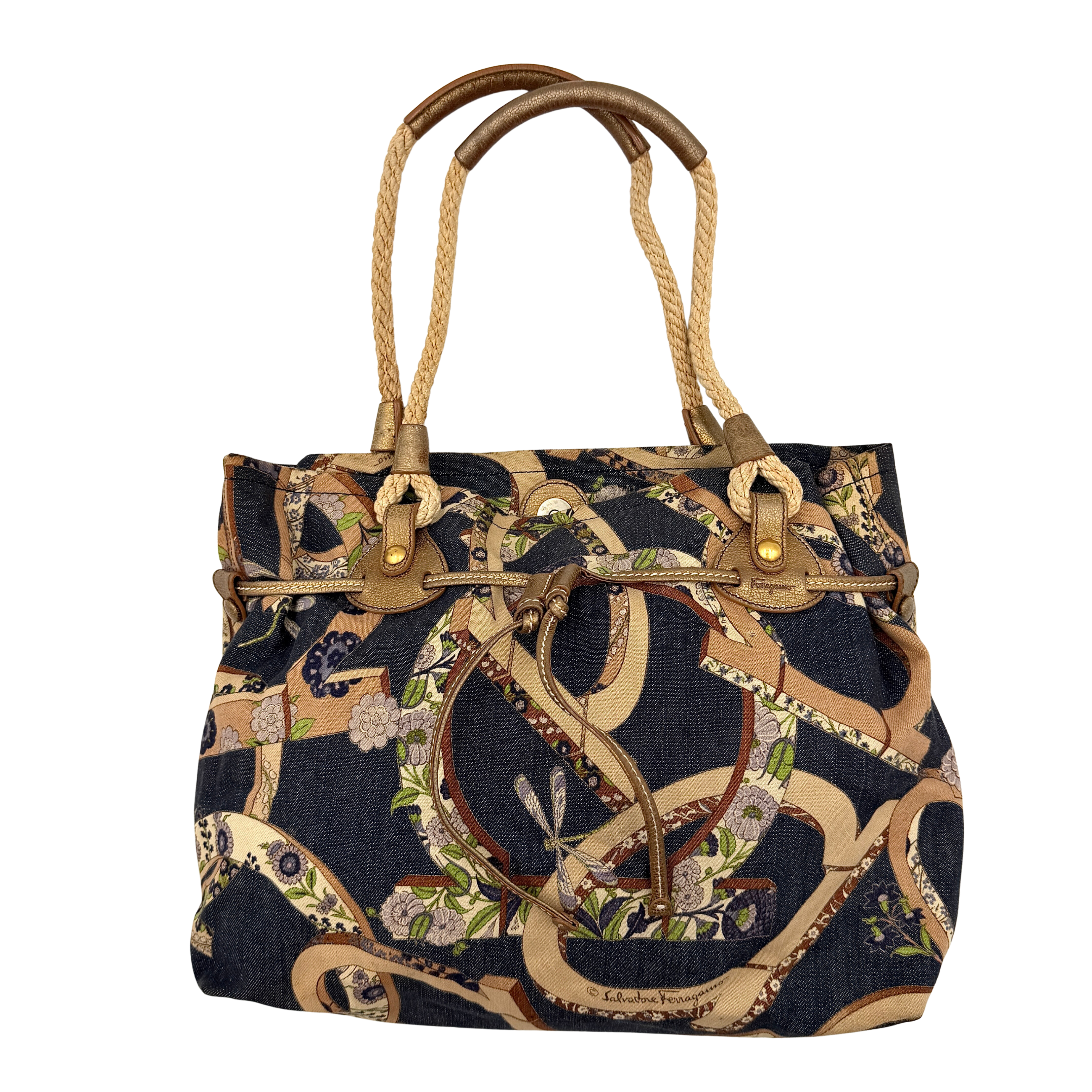 Salvatore Ferragamo floral denim shoulder bag featuring a Gancini motif with dual rope handles and intricate floral patterns.