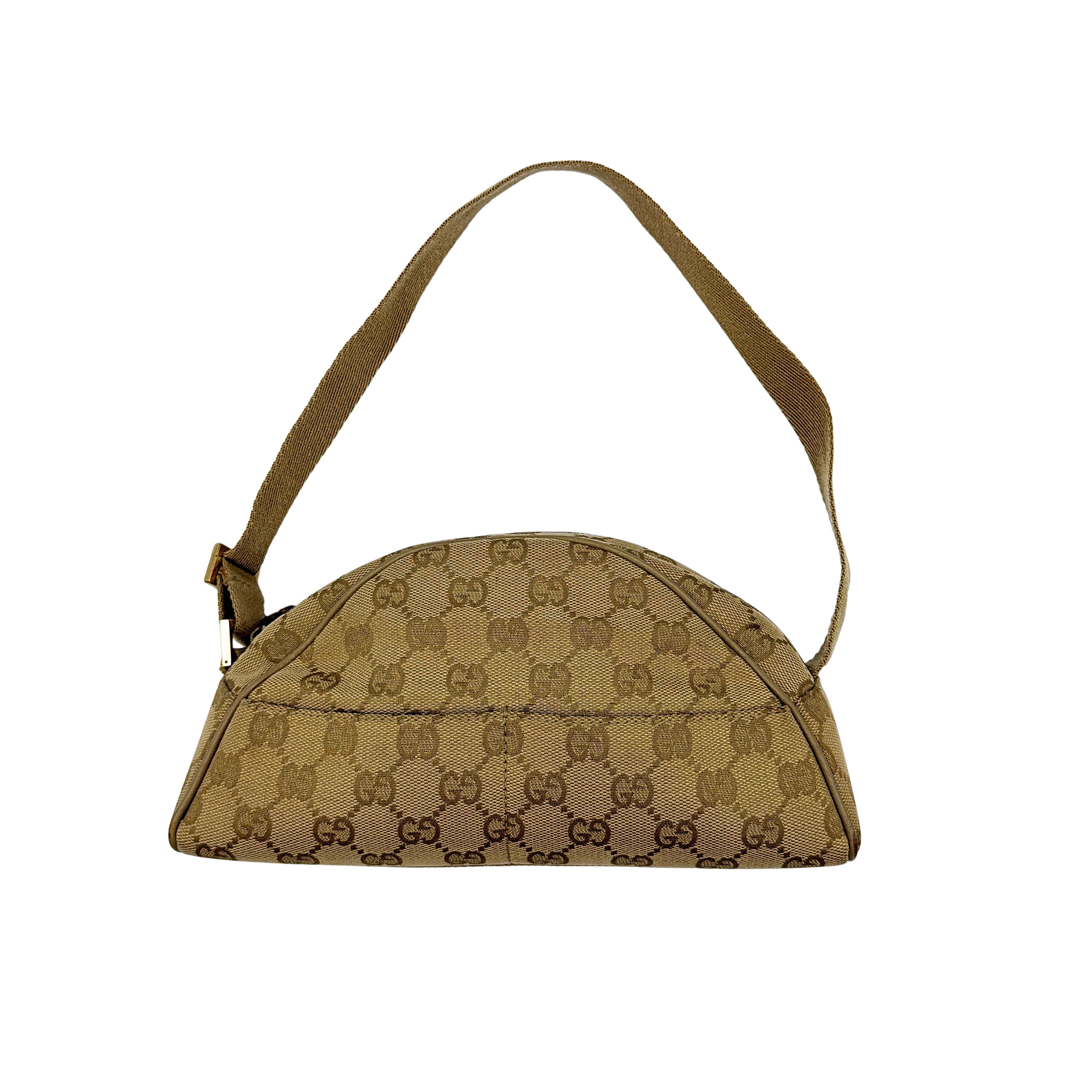 Gucci GG Monogram Half Moon Pochette Shoulder Bag in beige with iconic pattern and half-moon silhouette