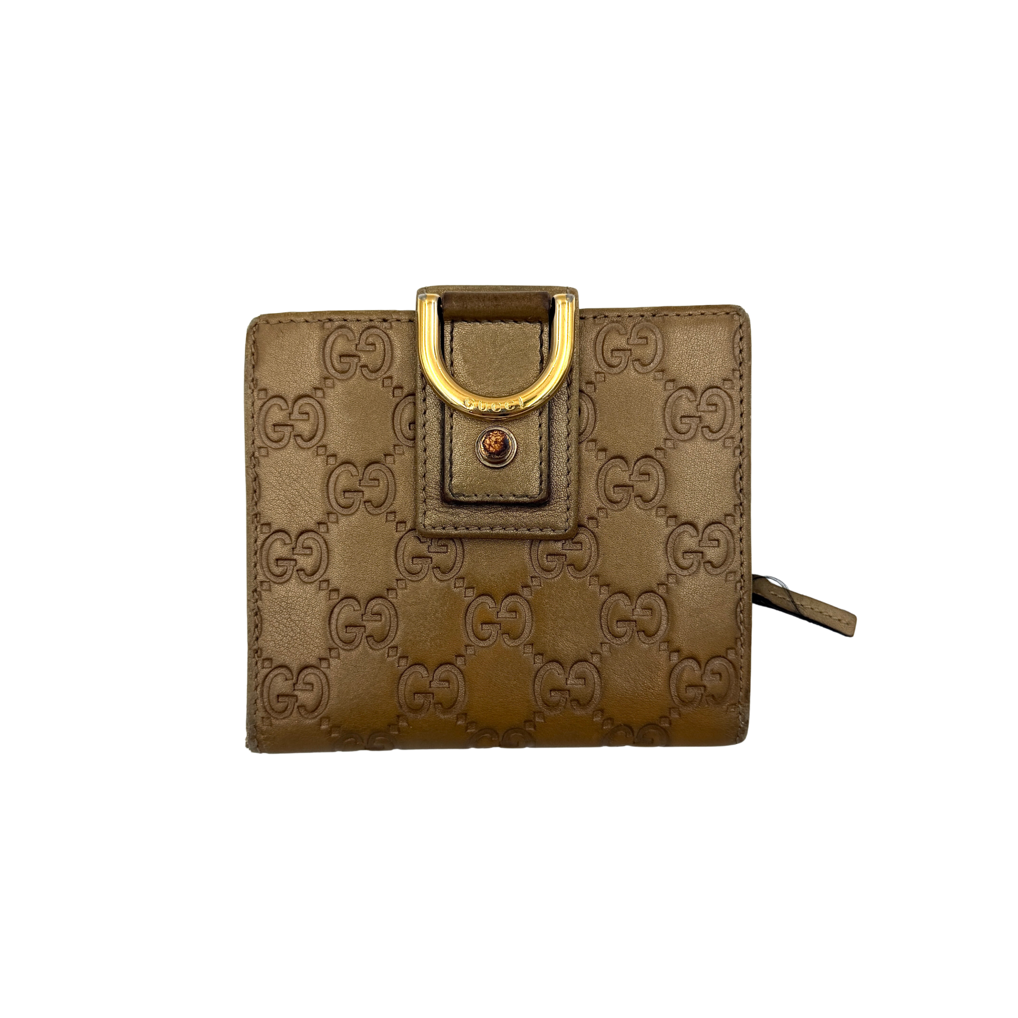 Gucci GG Guccissima D-Ring wallet in brown embossed leather featuring gold-tone D-ring hardware, front flap snap closure, and a zip coin compartment with organized interior sections.