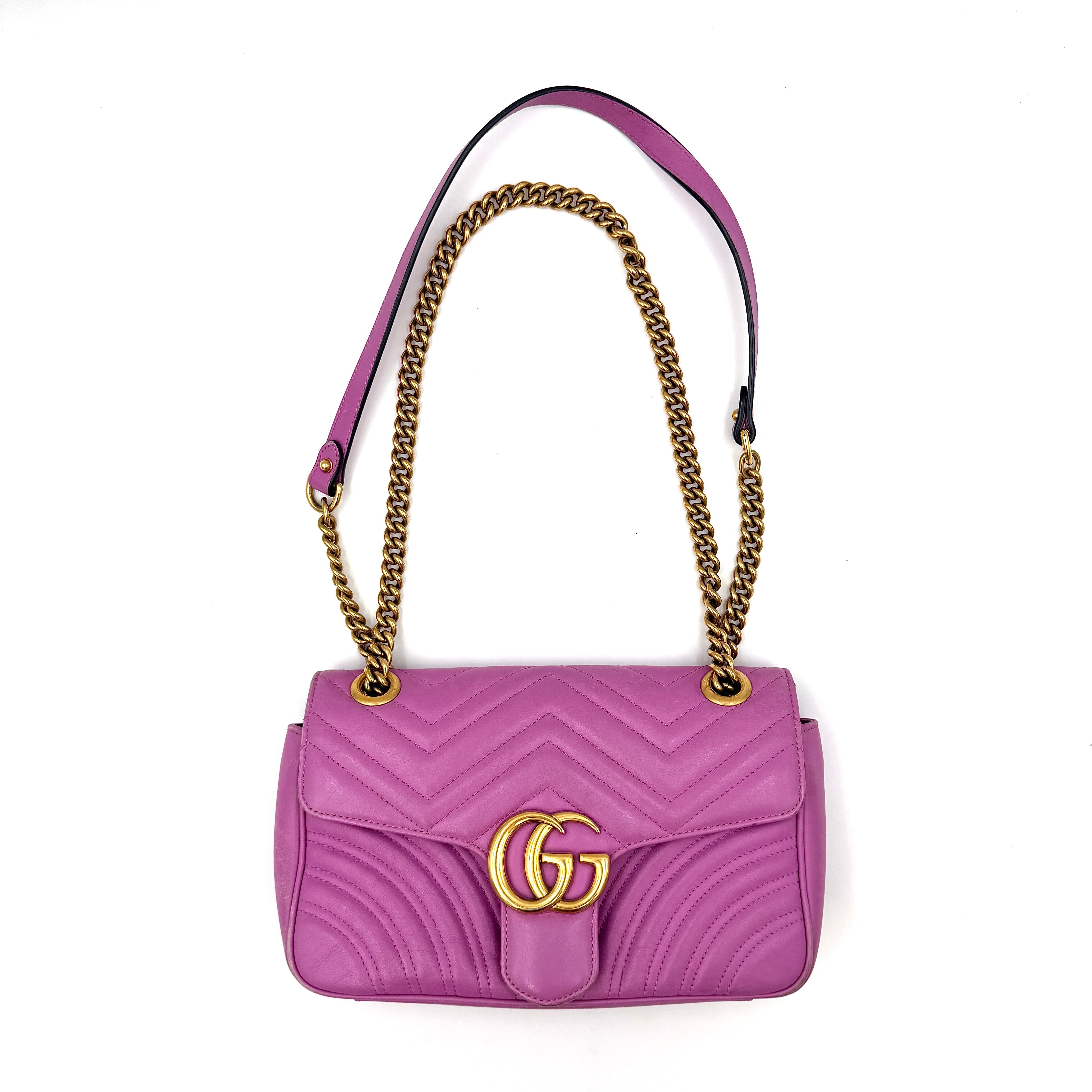 Gucci GG Marmont pink matelasse leather shoulder bag with gold-tone GG emblem and chain strap