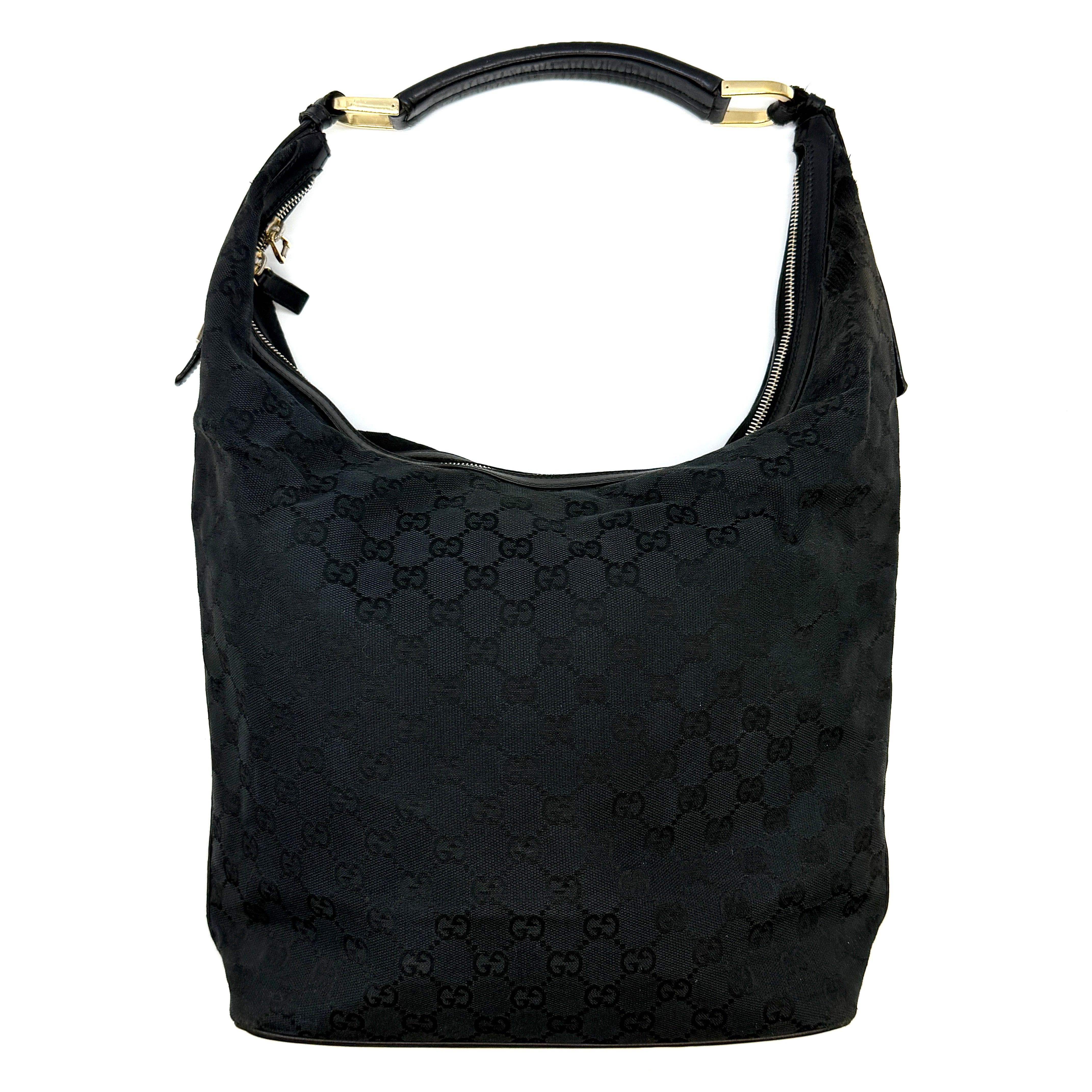 Gucci GG Monogram Hobo Shoulder Bag in black jacquard canvas with leather trim, gold-tone hardware, and a zip-top closure, preloved luxury piece from Elevated Studios.