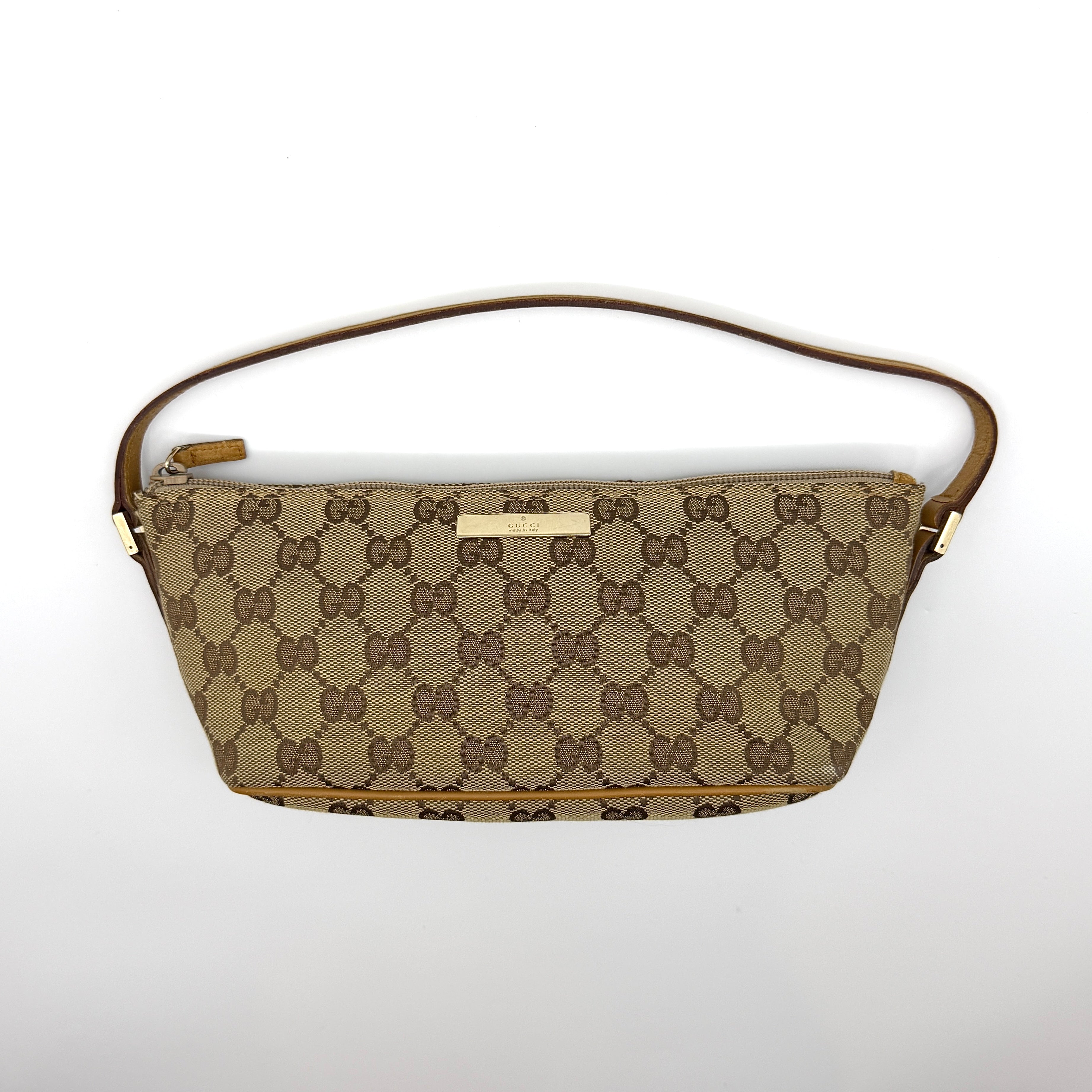 Gucci GG Monogram Pochette Boat Shoulder Bag in beige canvas with brown leather trim and gold-tone logo plate