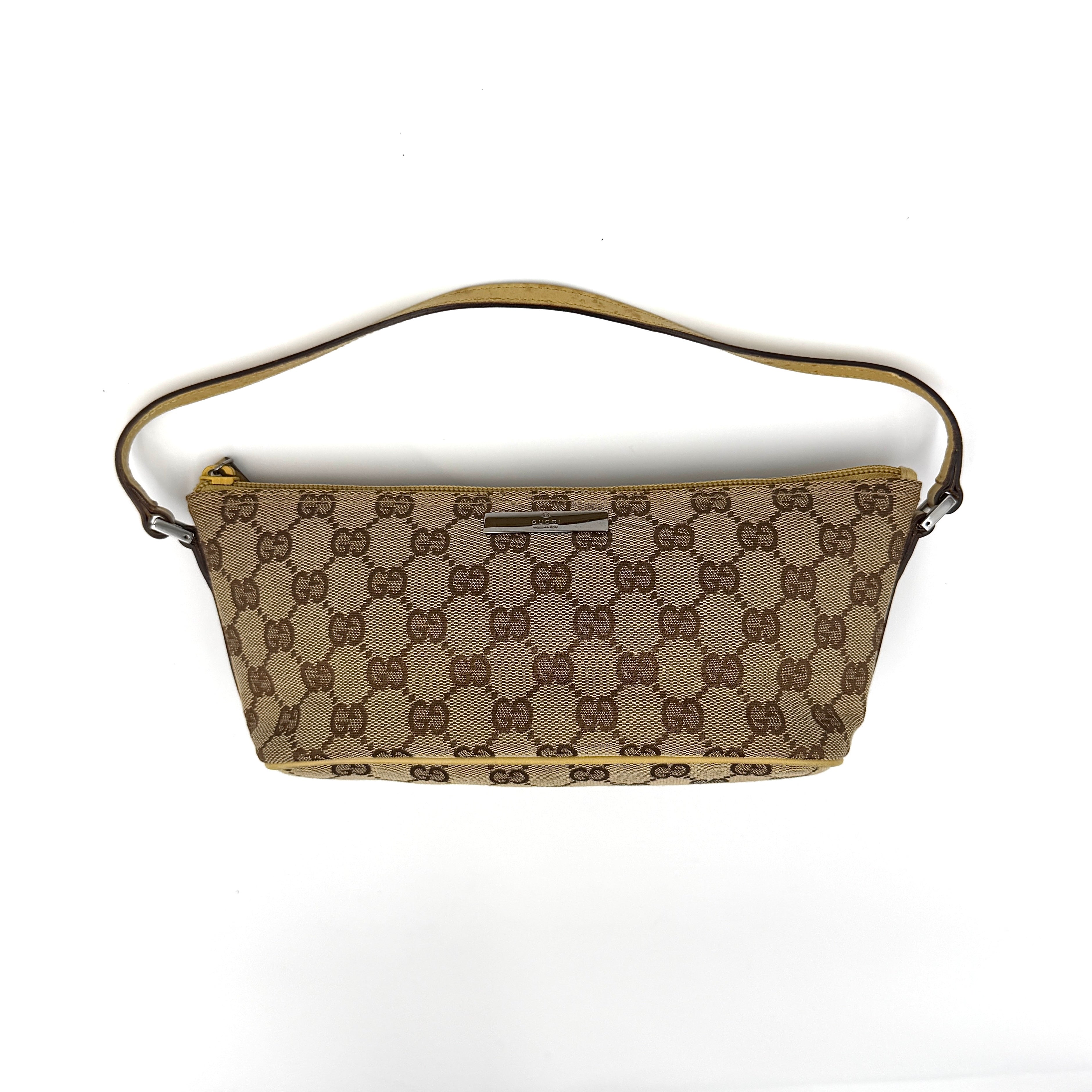 Gucci GG monogram pochette boat shoulder bag in beige canvas with yellow leather trim shown from the front with single shoulder strap