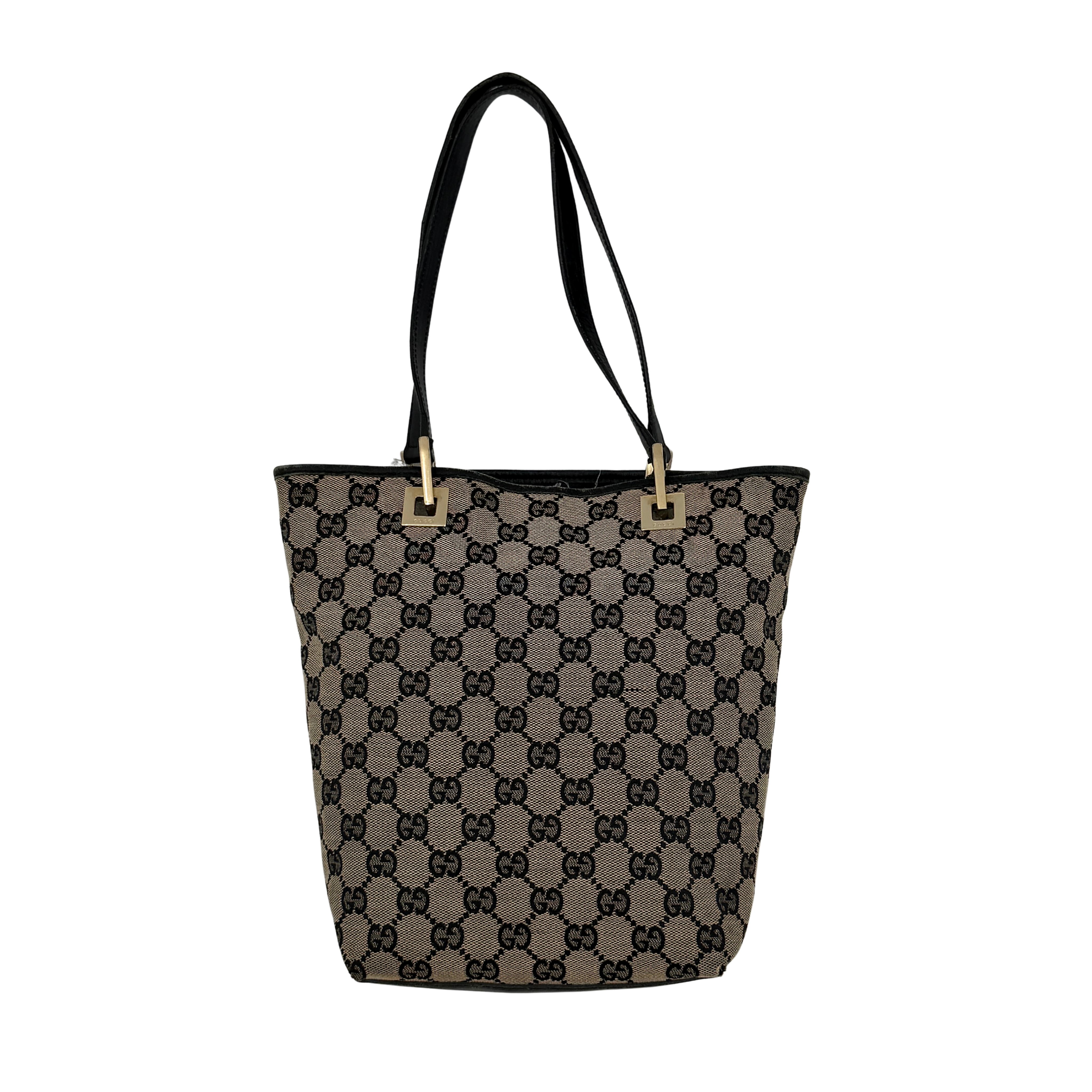 Gucci GG monogram black and grey tote bag featuring classic pattern and sturdy black handles