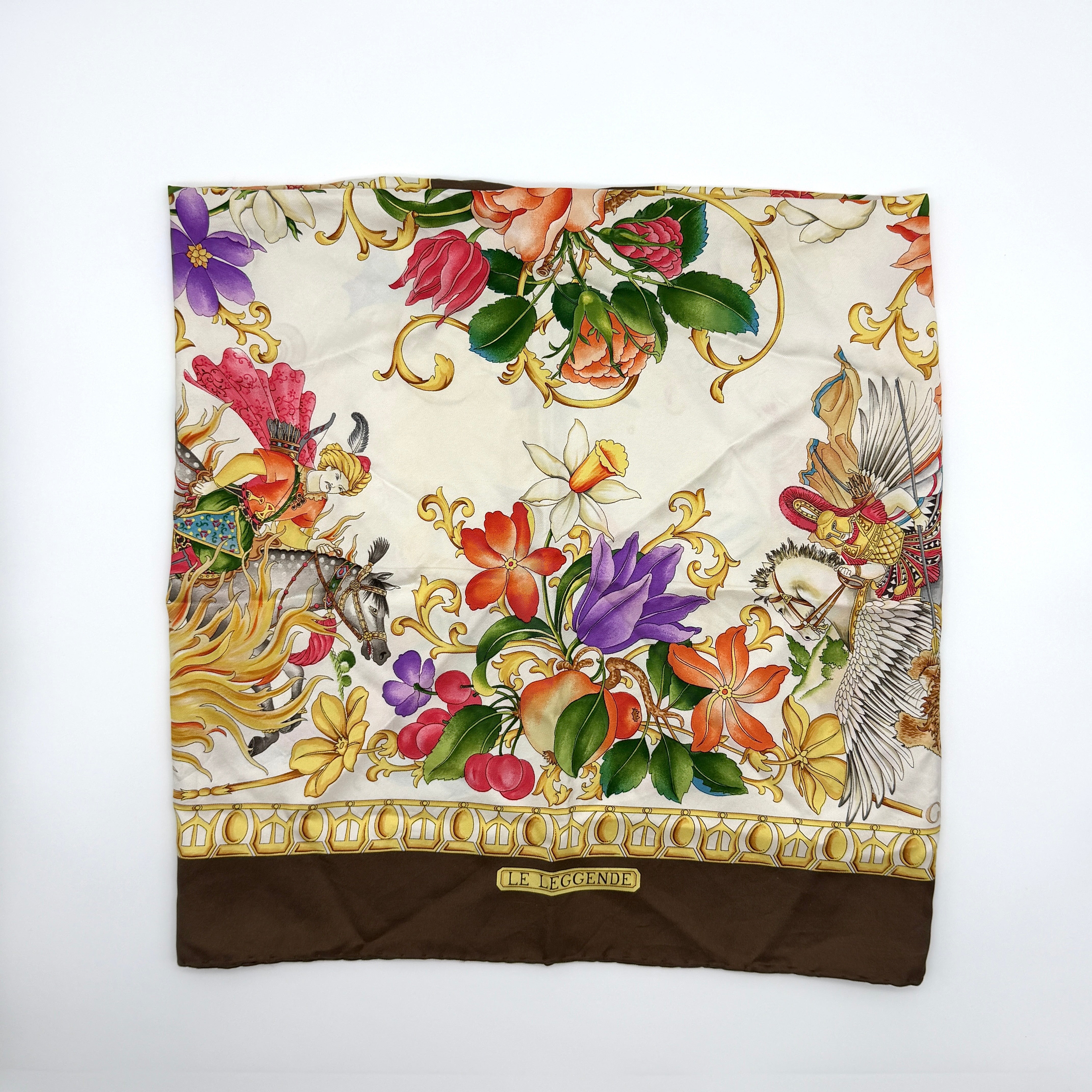 Gucci Le Leggende preloved luxury silk scarf with floral and knight print