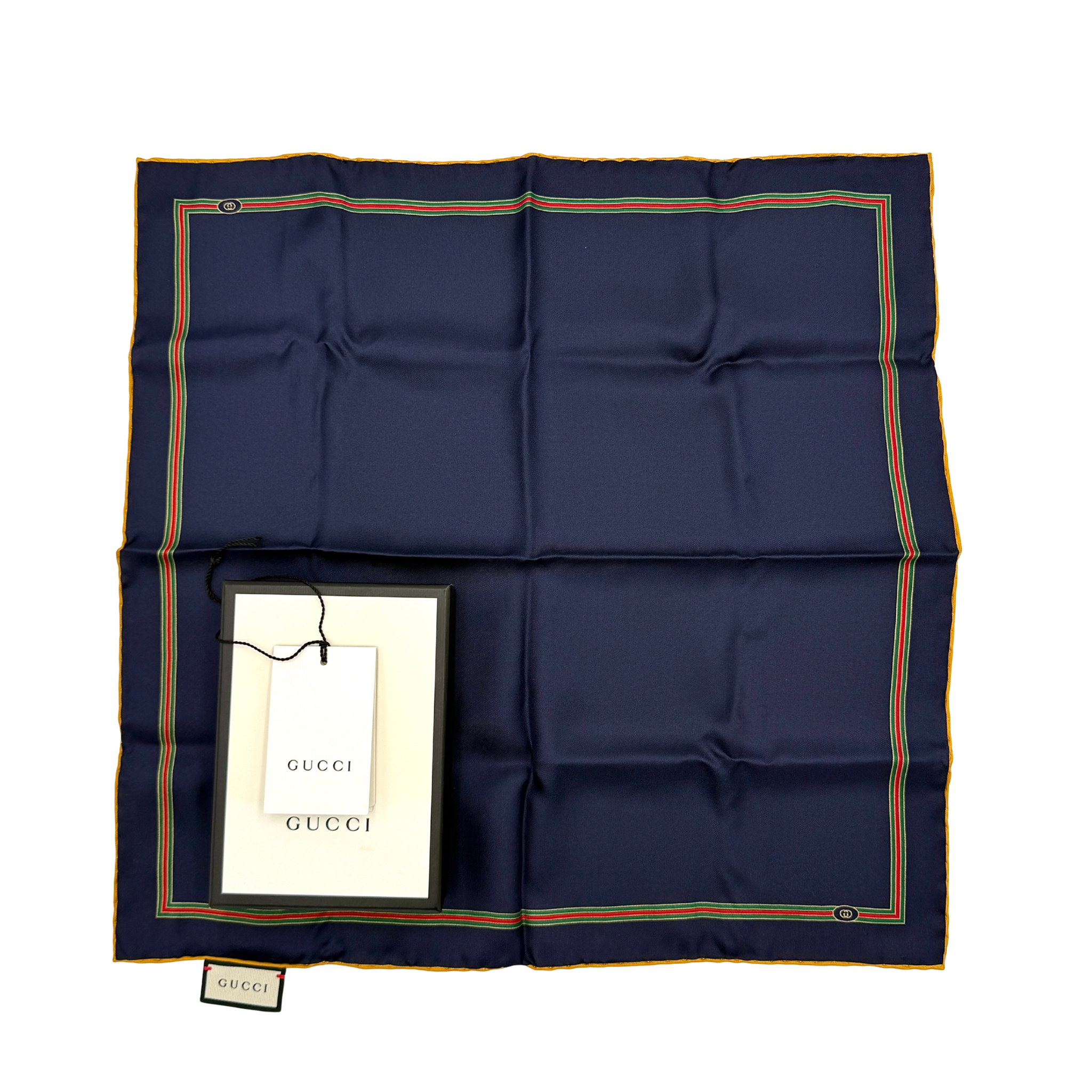 Gucci Web silk scarf in navy blue with signature web stripe detail, showcasing a luxurious silky finish.