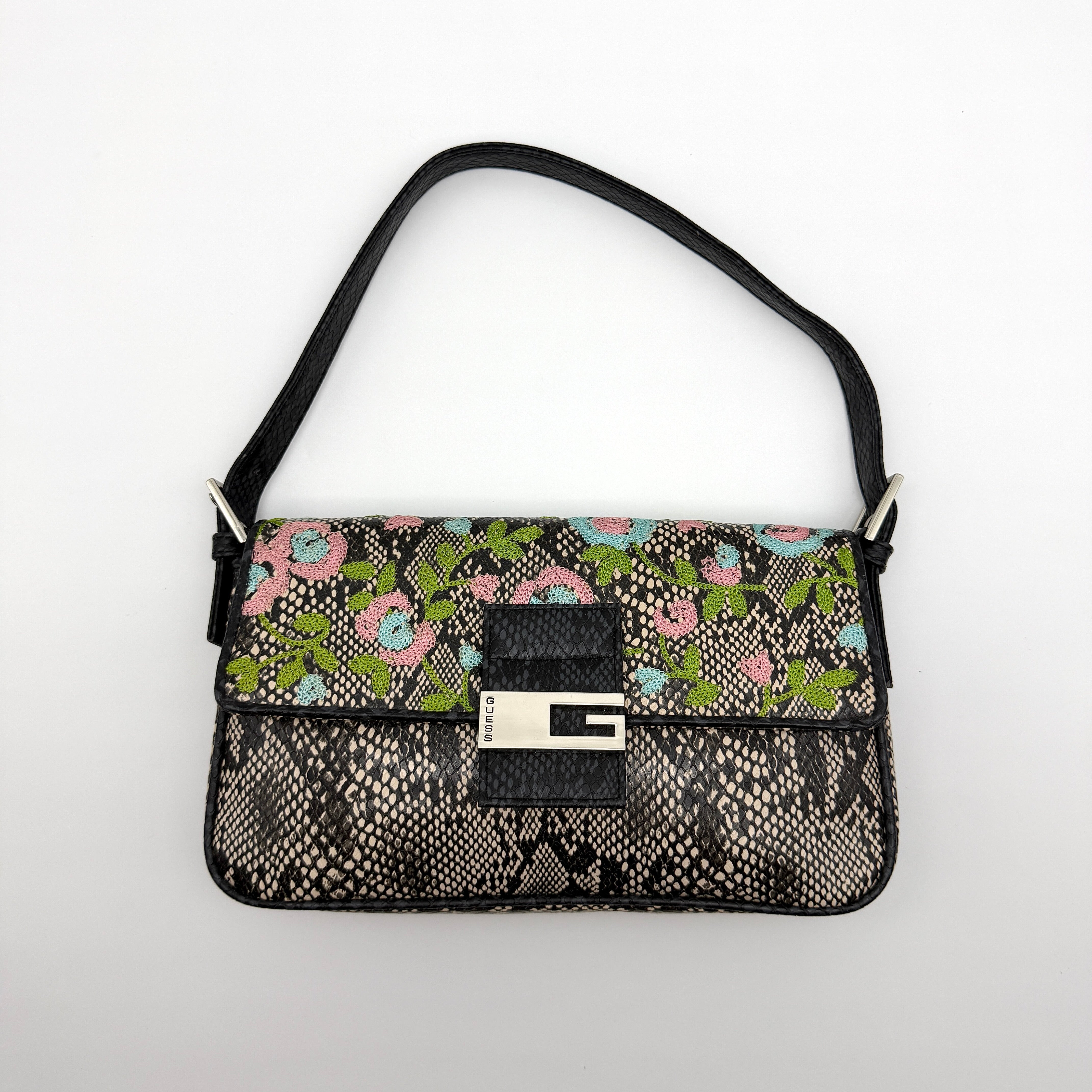 Guess Y2K Floral Embroidered Snakeprint Preloved Luxury Baguette Bag with multicolor floral flap and silver-tone G logo clasp.