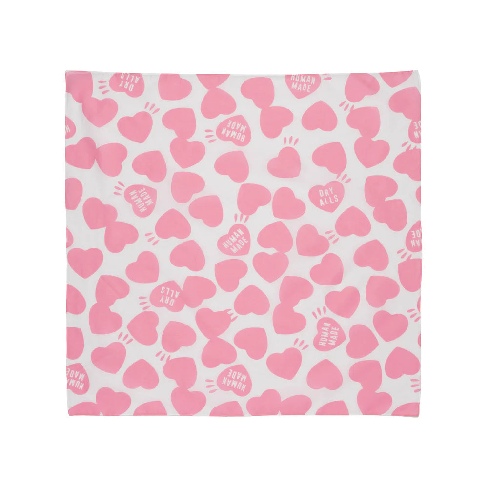 Human Made pink bandana with all-over heart motif and integrated branding.