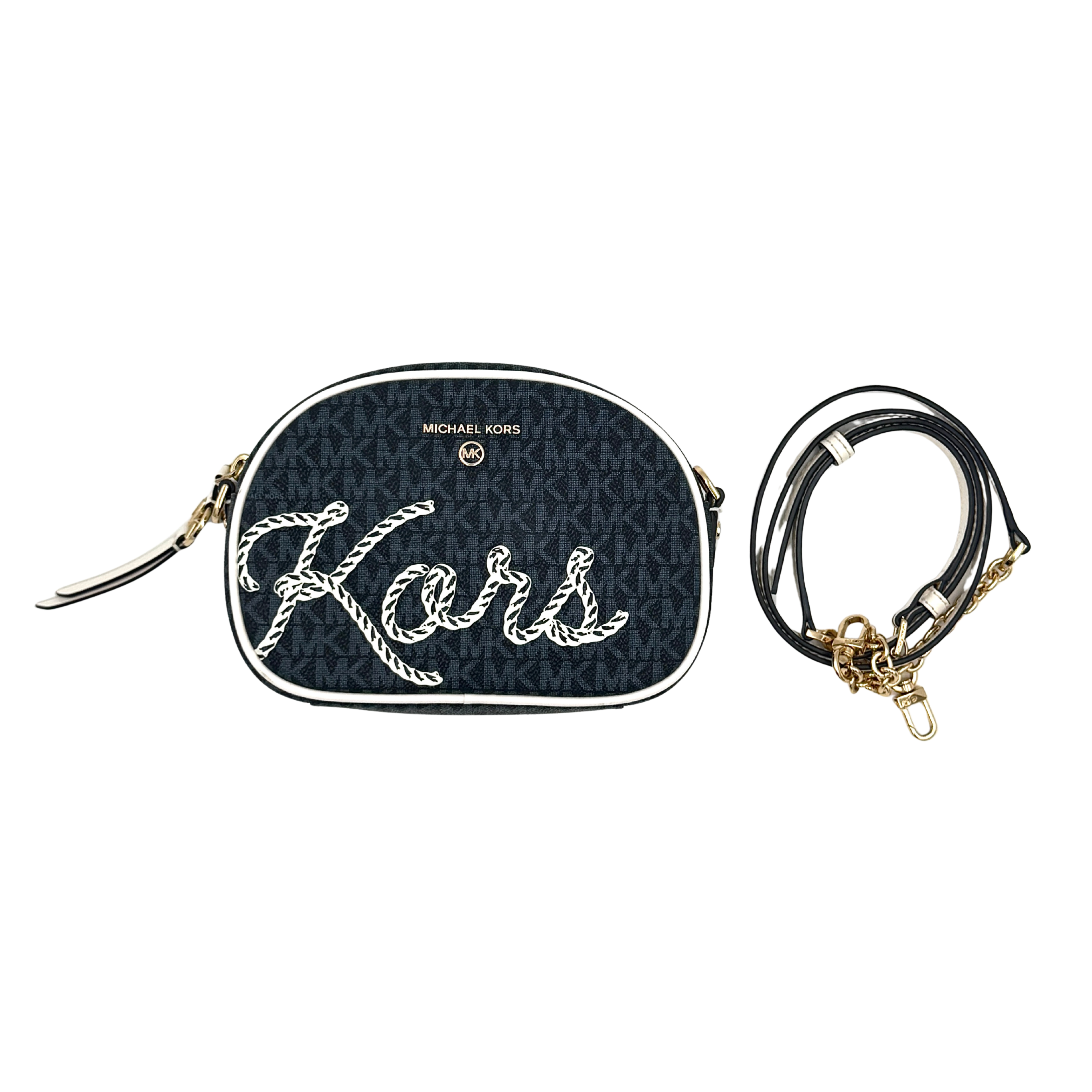 Michael Kors navy blue oval crossbody bag with embroidered logo and monogram design, adjustable strap and gold-tone hardware