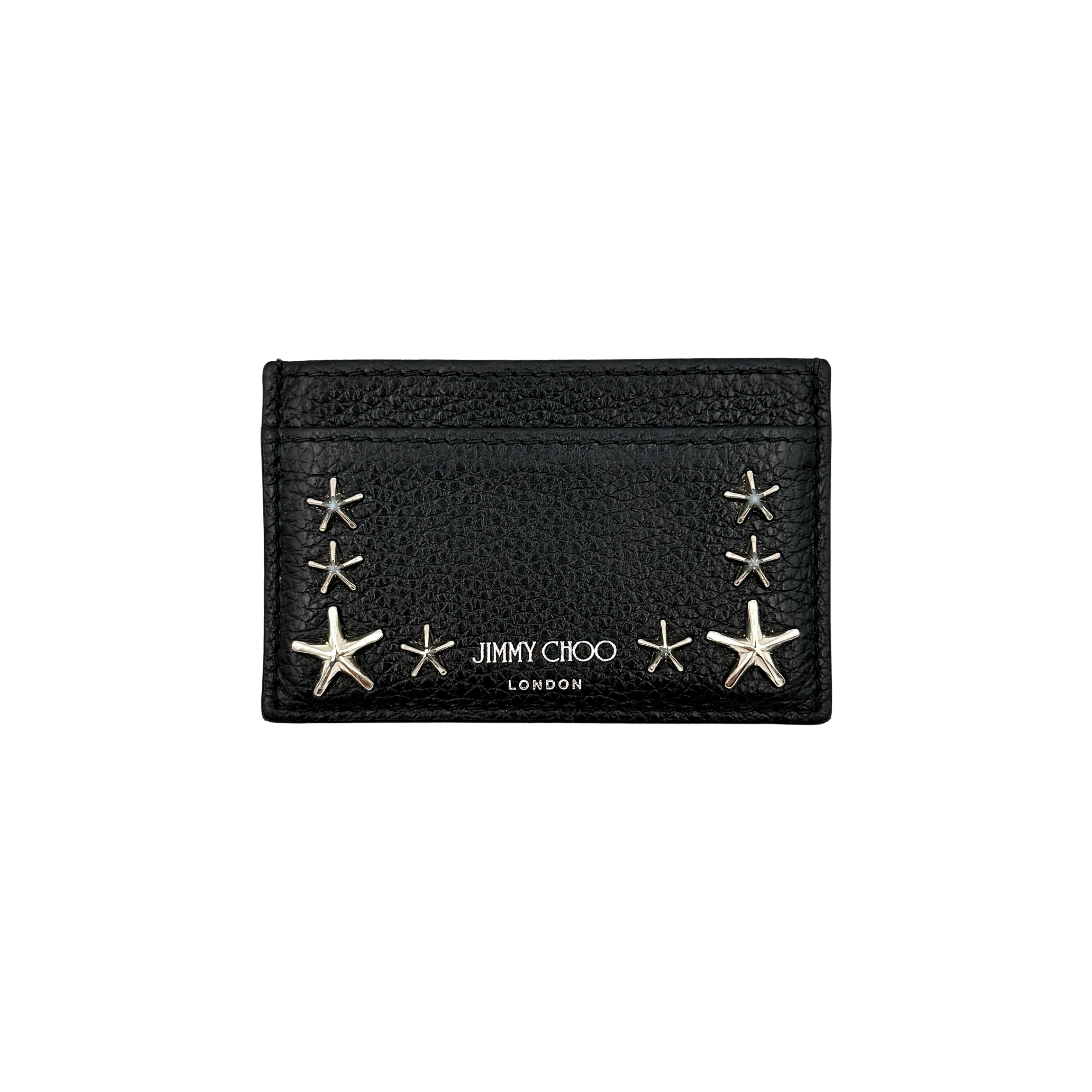 Jimmy Choo star studs cardholder in black grained leather featuring signature star-stud detailing, slim silhouette, and card slots with a central slip pocket, shown with Jimmy Choo packaging.