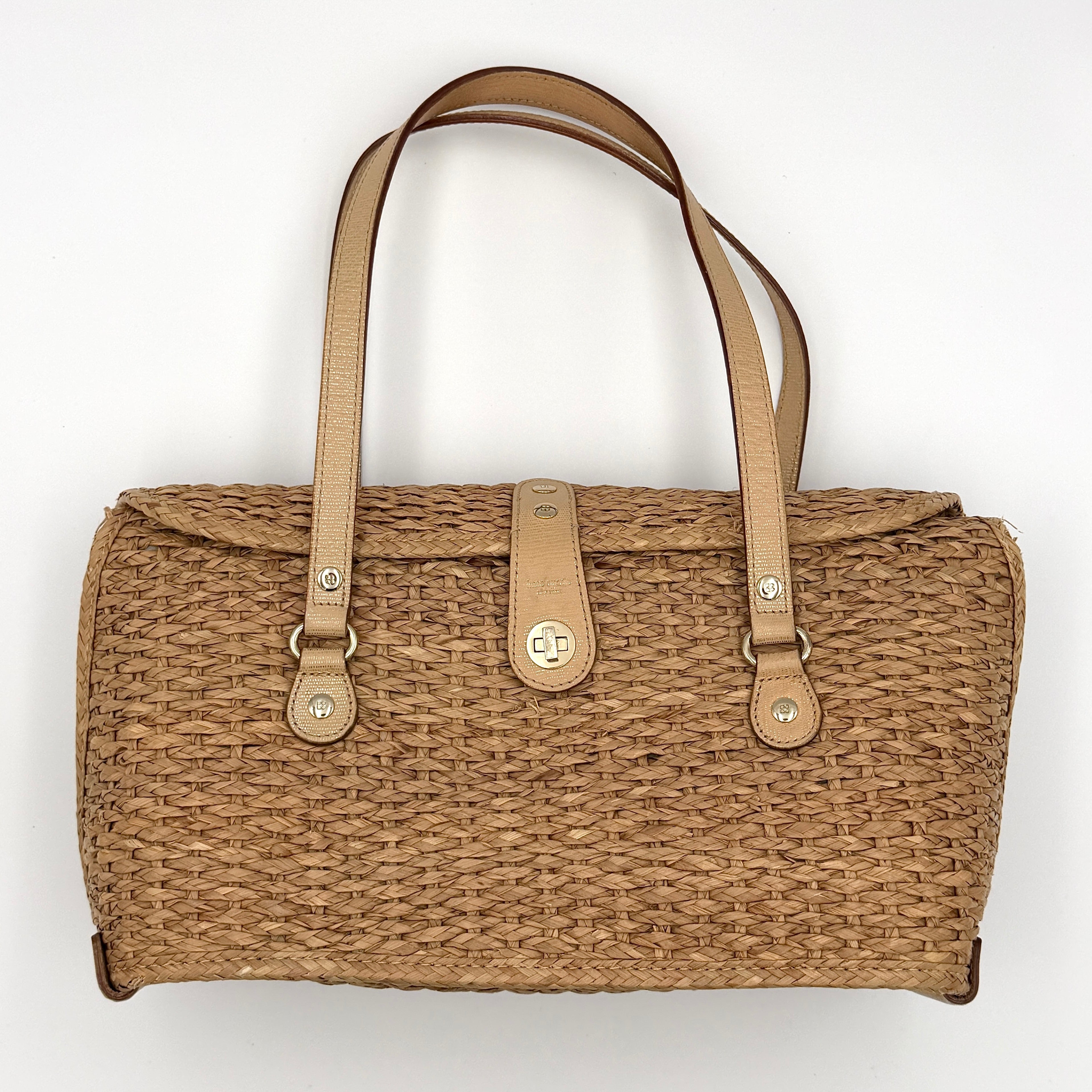 Kate Spade Basket Mini Tote Preloved Luxury Bag in woven natural beige with gold-tone turn-lock and leather handles.