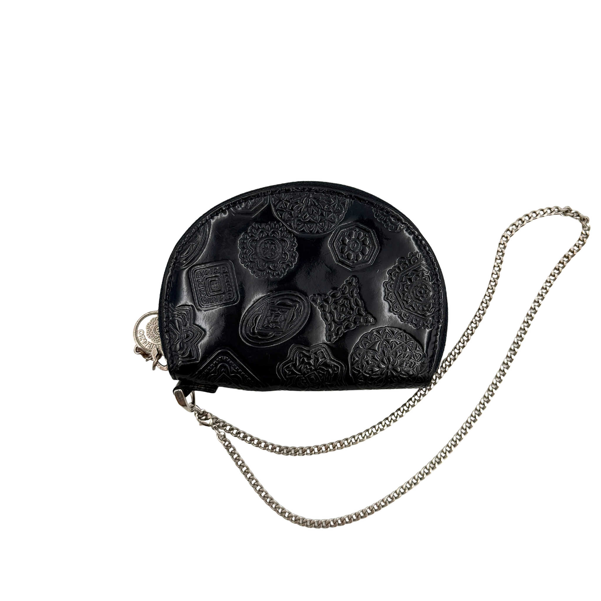 Kenzo black embossed leather coin purse with chain, semi-circular shape, and detailed embossed design.