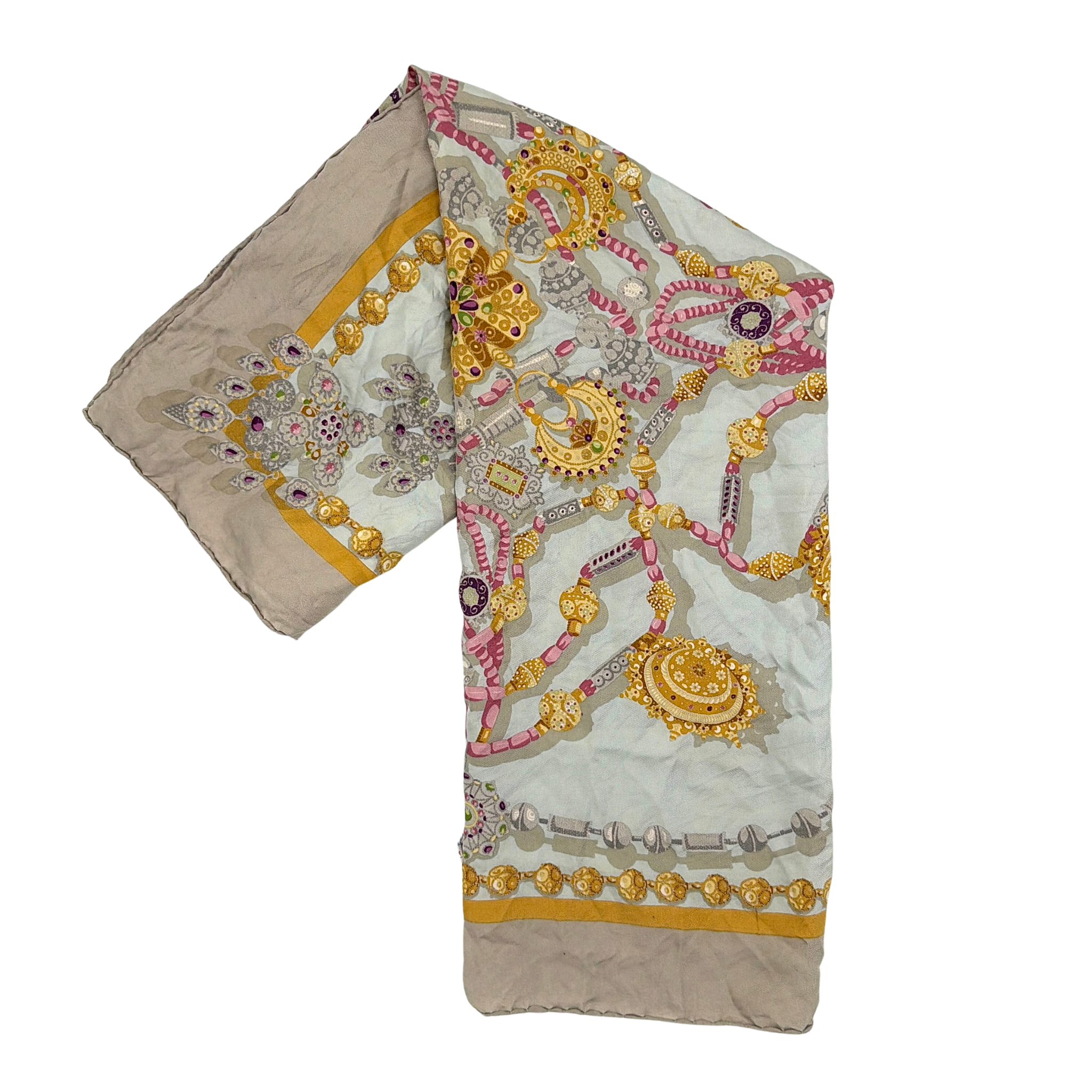 Loewe multicolor silk scarf with jewel-inspired ornate print in beige, gold, pink, and grey, shown folded with close-up of pattern and label.
