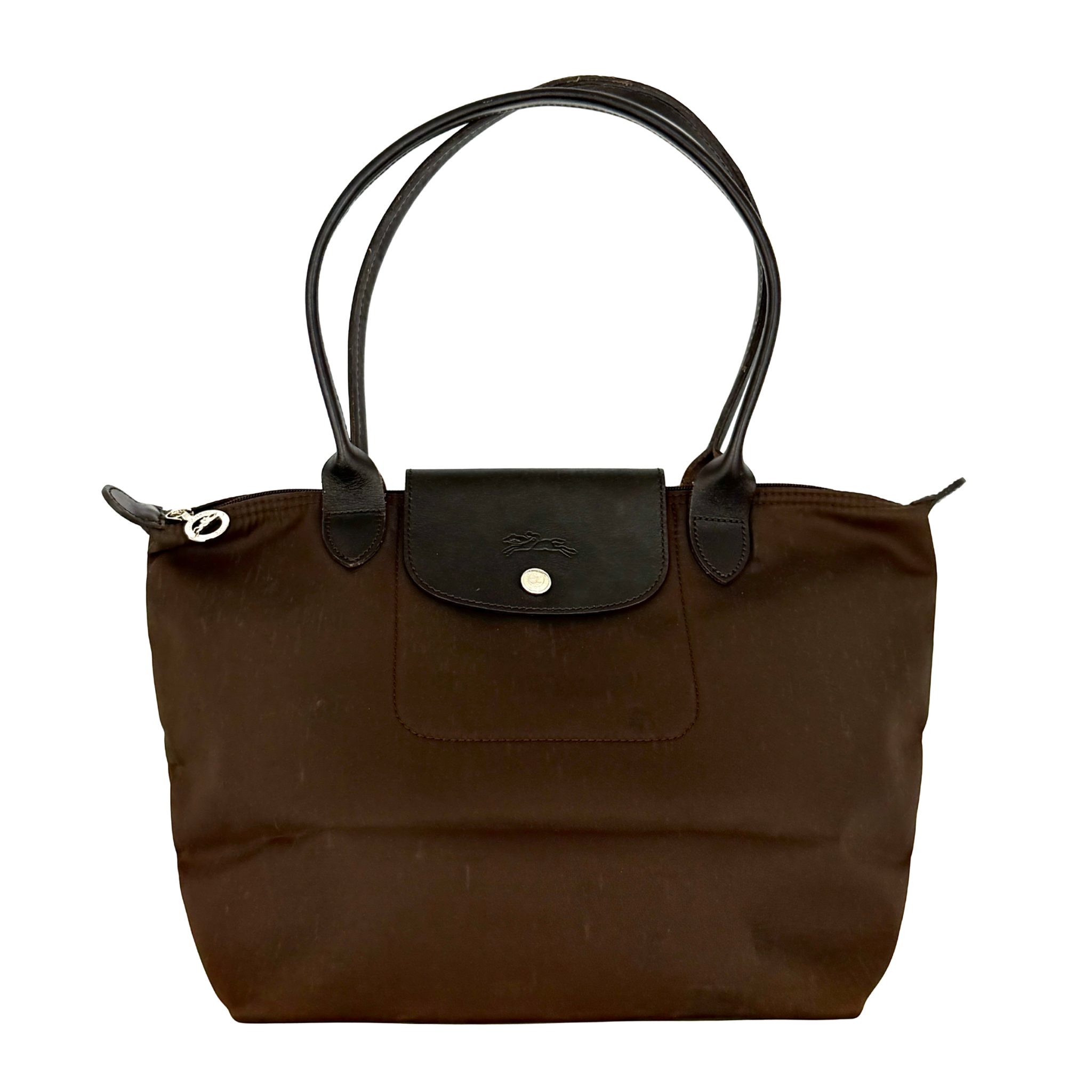 Longchamp Le Pliage Original tote bag in brown nylon with dark leather trim, silver-tone hardware, and flap plus zip closure.