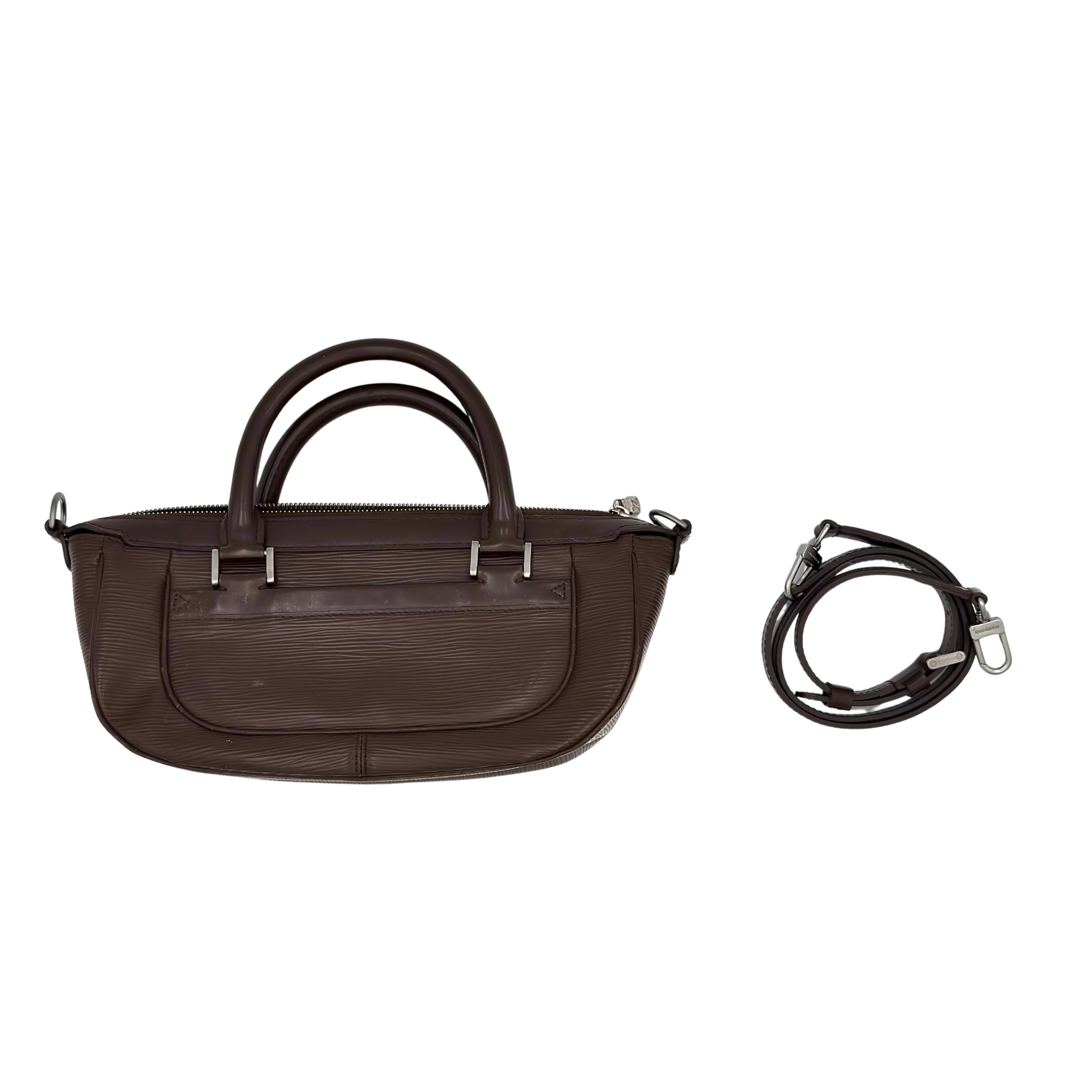 Louis Vuitton Dhanura PM brown Epi leather bag with top handles and detachable shoulder strap displayed on white background