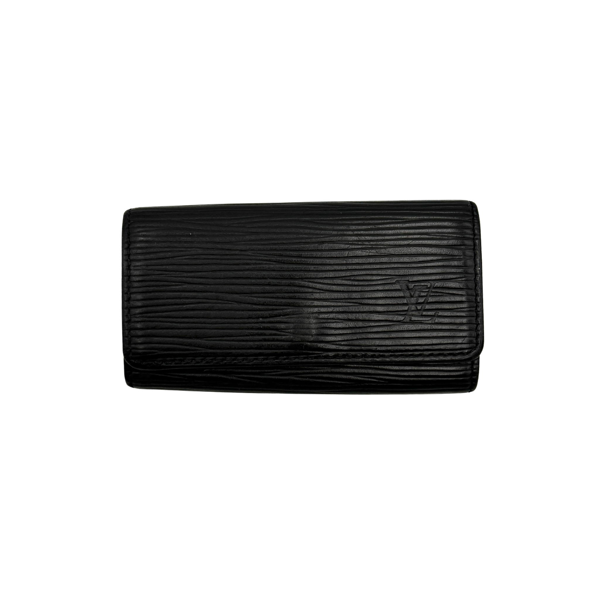 Louis Vuitton Epi key holder in black textured epi leather featuring a compact flap design, snap closure, and gold-tone key hooks inside.