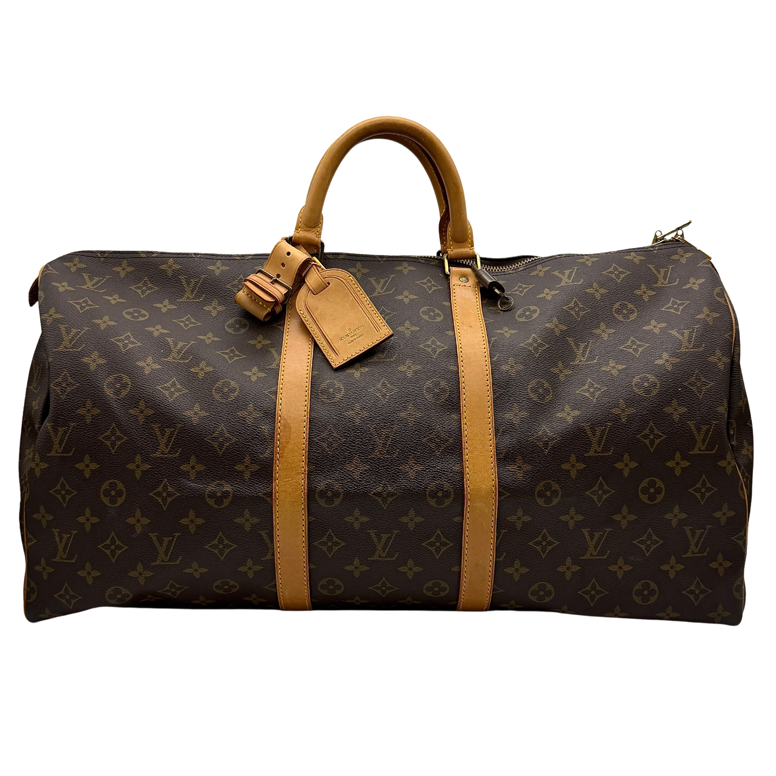 Louis Vuitton Monogram Keepall 55 Preloved Luxury Duffle Bag in brown coated canvas with Vachetta leather trim and gold-tone hardware.