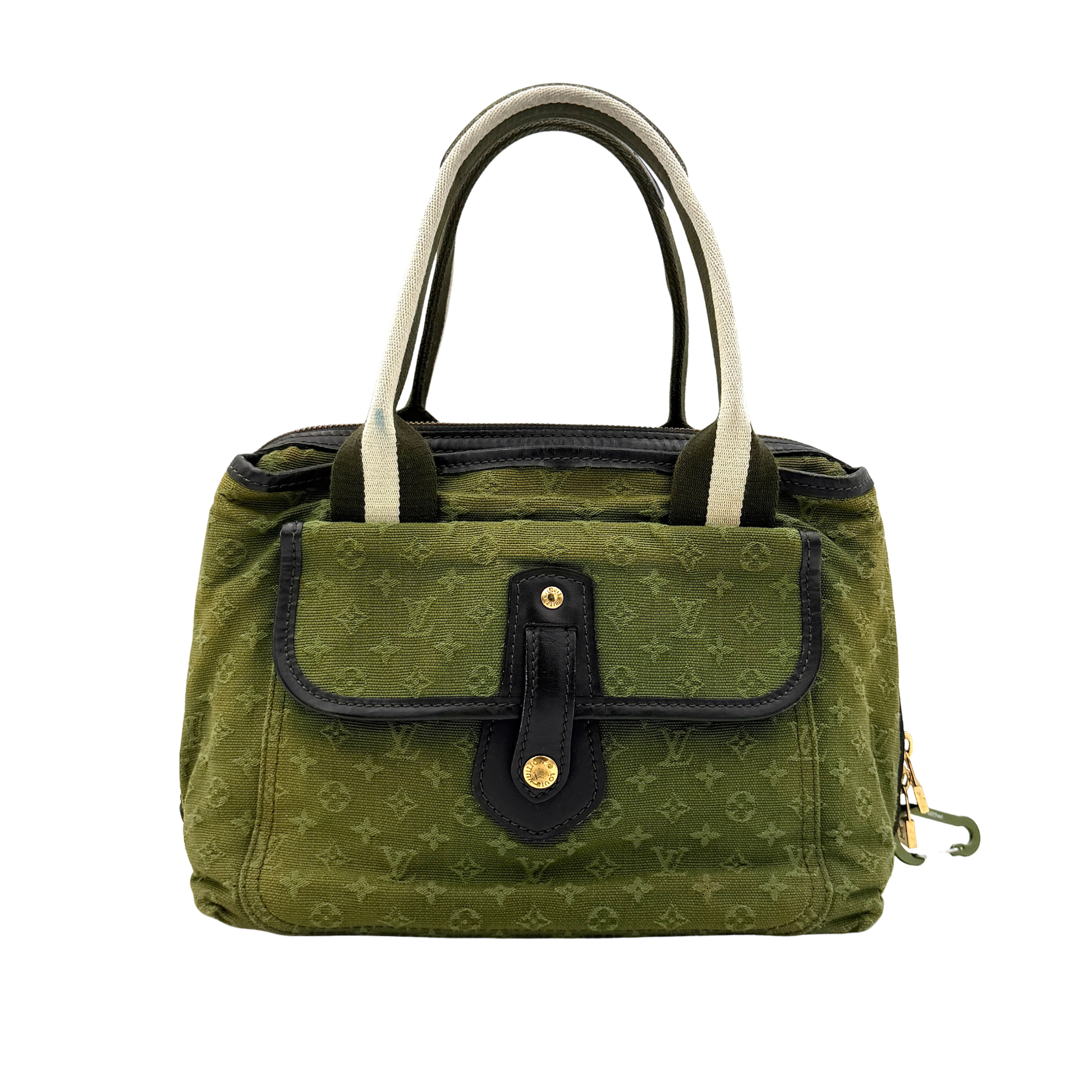 Louis Vuitton Marie Kate handbag in green Monogram Mini Lin jacquard with top handles, contrast trim, and gold-tone zip hardware.

