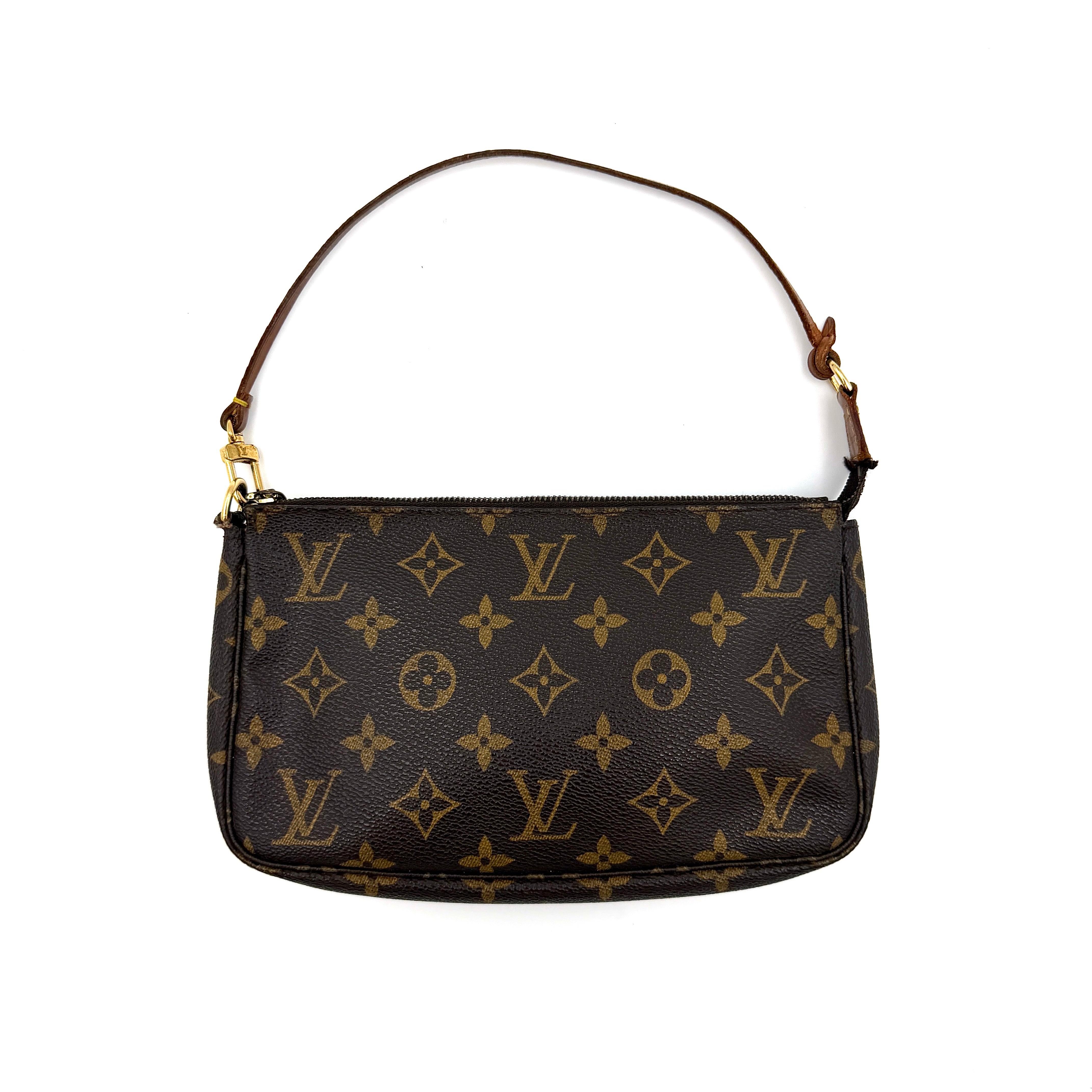 Louis Vuitton monogram pochette bag in brown coated canvas with LV pattern shown from the front with leather shoulder strap