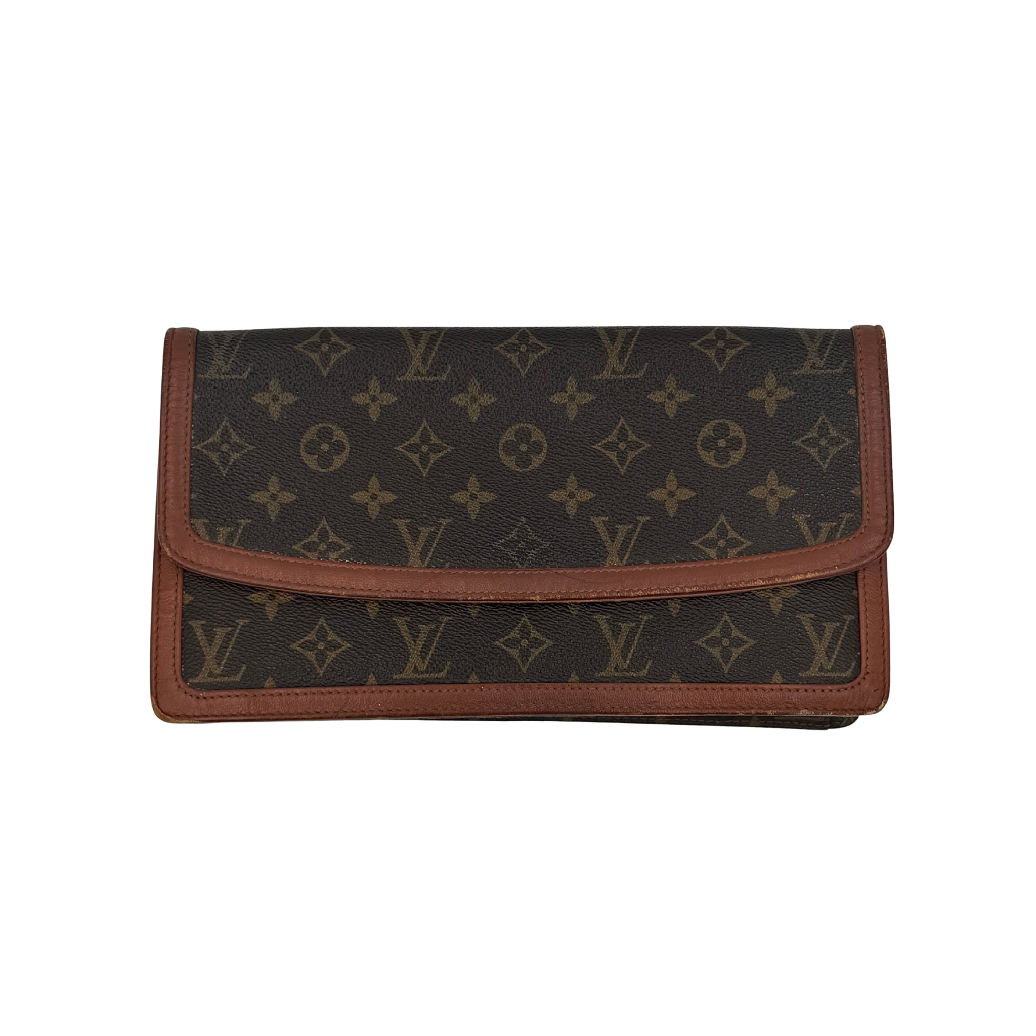 Louis Vuitton Monogram Pochette Dame clutch bag featuring iconic monogram canvas, brown leather trim, and envelope-style flap closure.