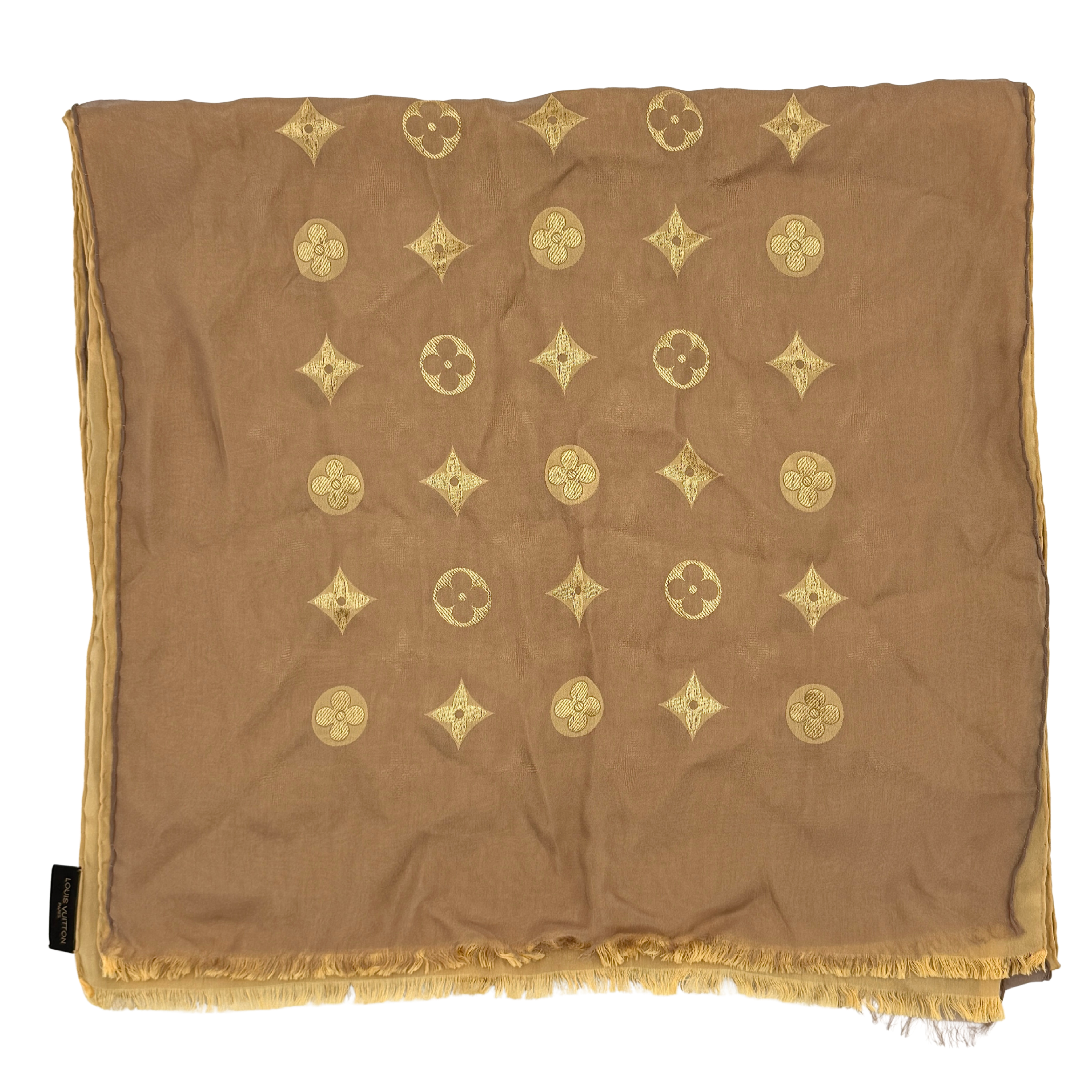 Louis Vuitton brown and beige scarf with monogram pattern, made from silk and acetate chiffon with a soft, flowing design.