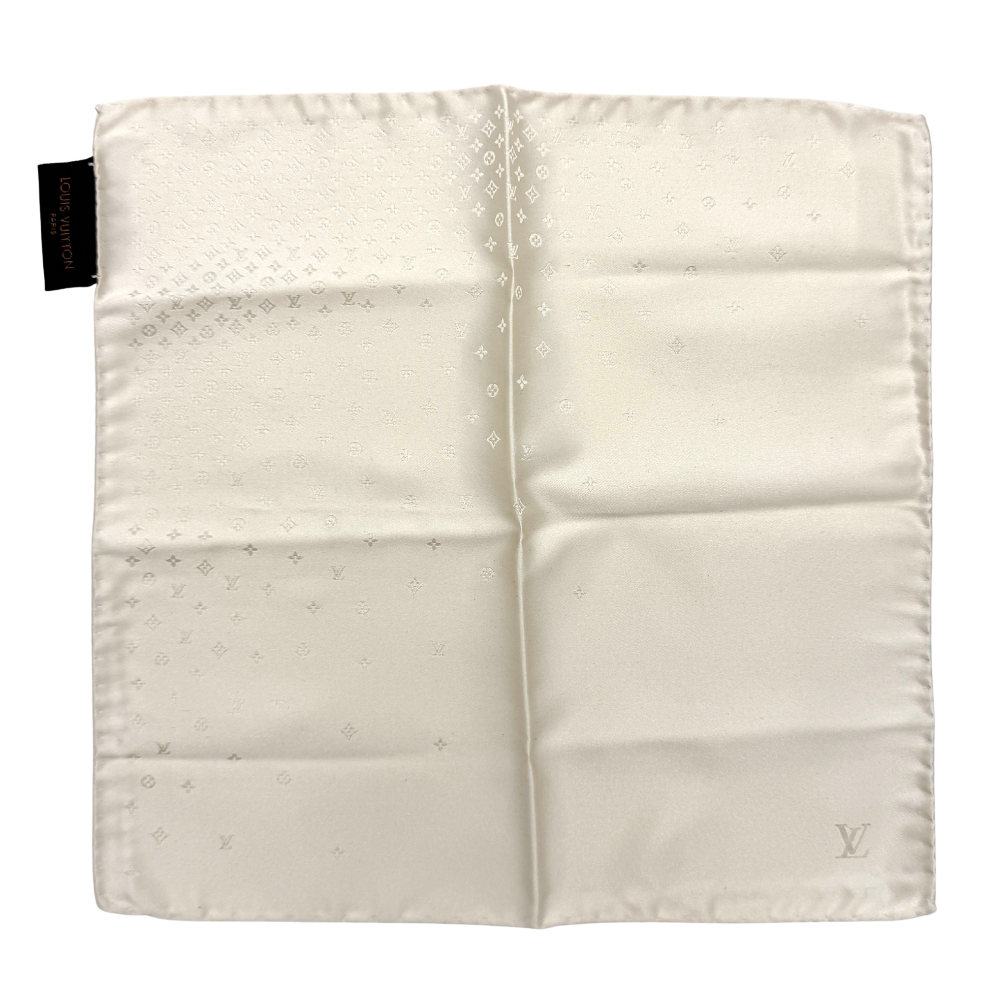 Louis Vuitton monogram silk scarf in cream featuring a subtle tonal monogram motif and square silhouette, shown with Louis Vuitton label.