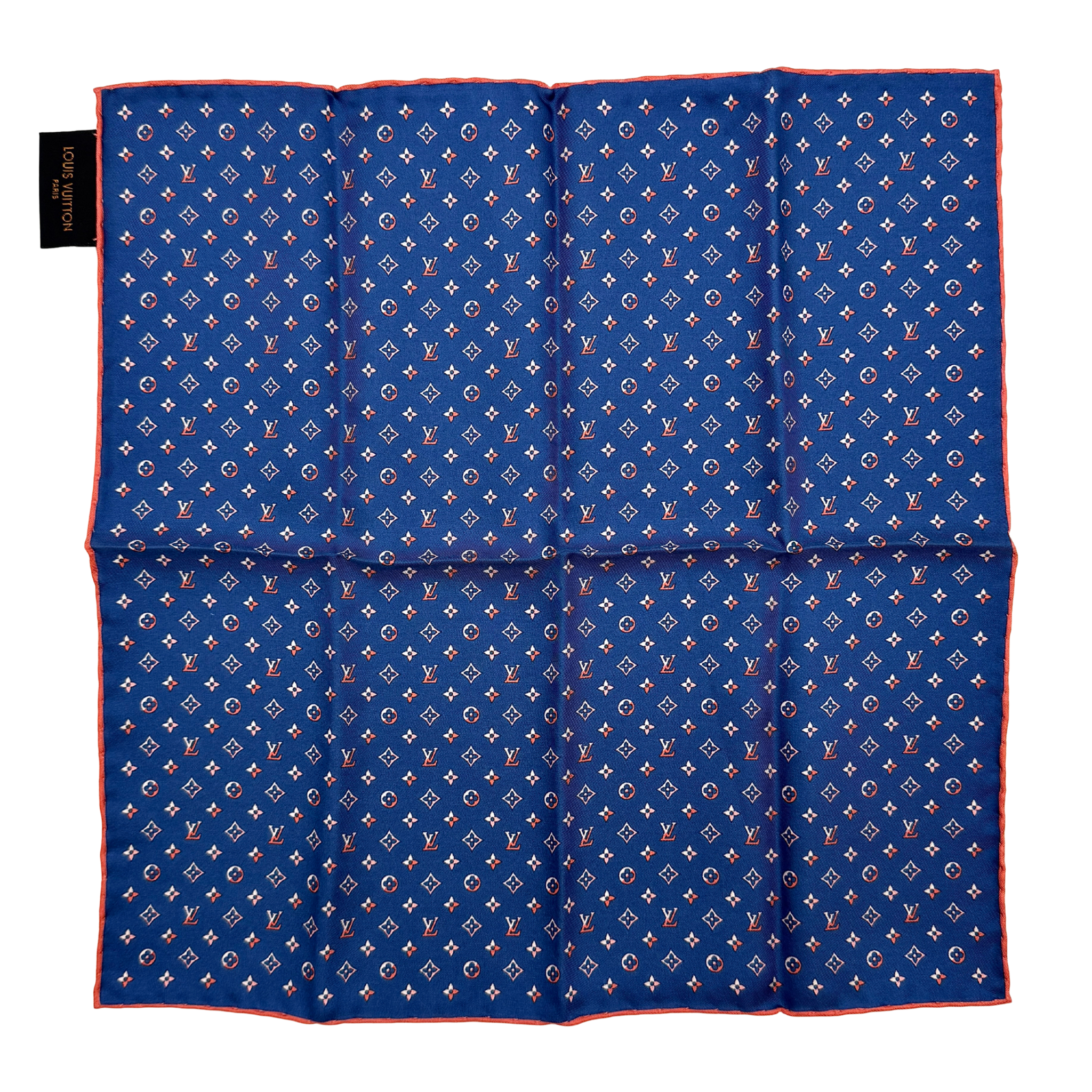Louis Vuitton monogram silk scarf in navy blue featuring an all-over monogram motif and contrasting border, shown with Louis Vuitton label.