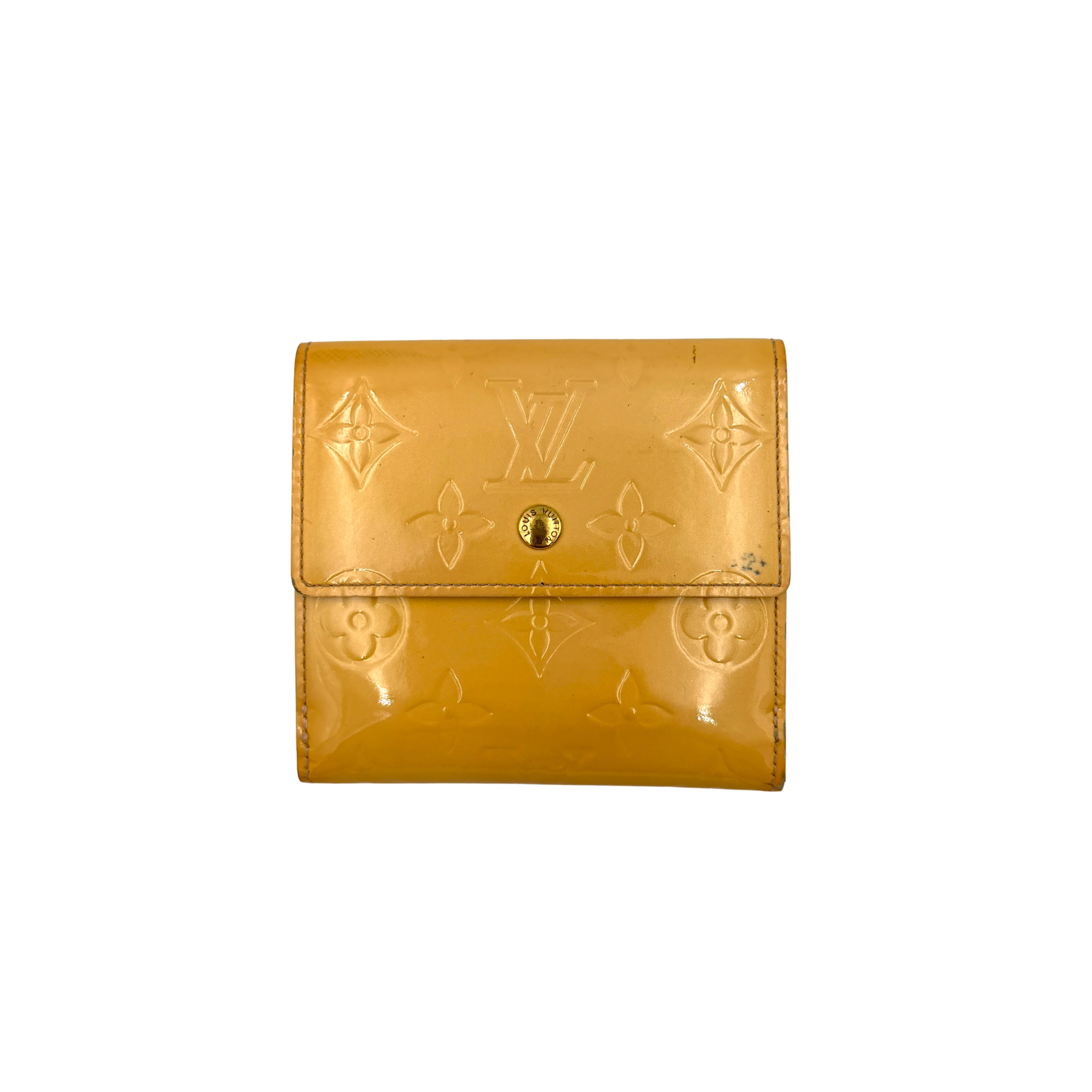 Louis Vuitton Monogram Vernis Elise wallet in tan glossy embossed leather featuring gold-tone snap closure and a compact tri-fold interior with compartments for cards, notes, and coins.