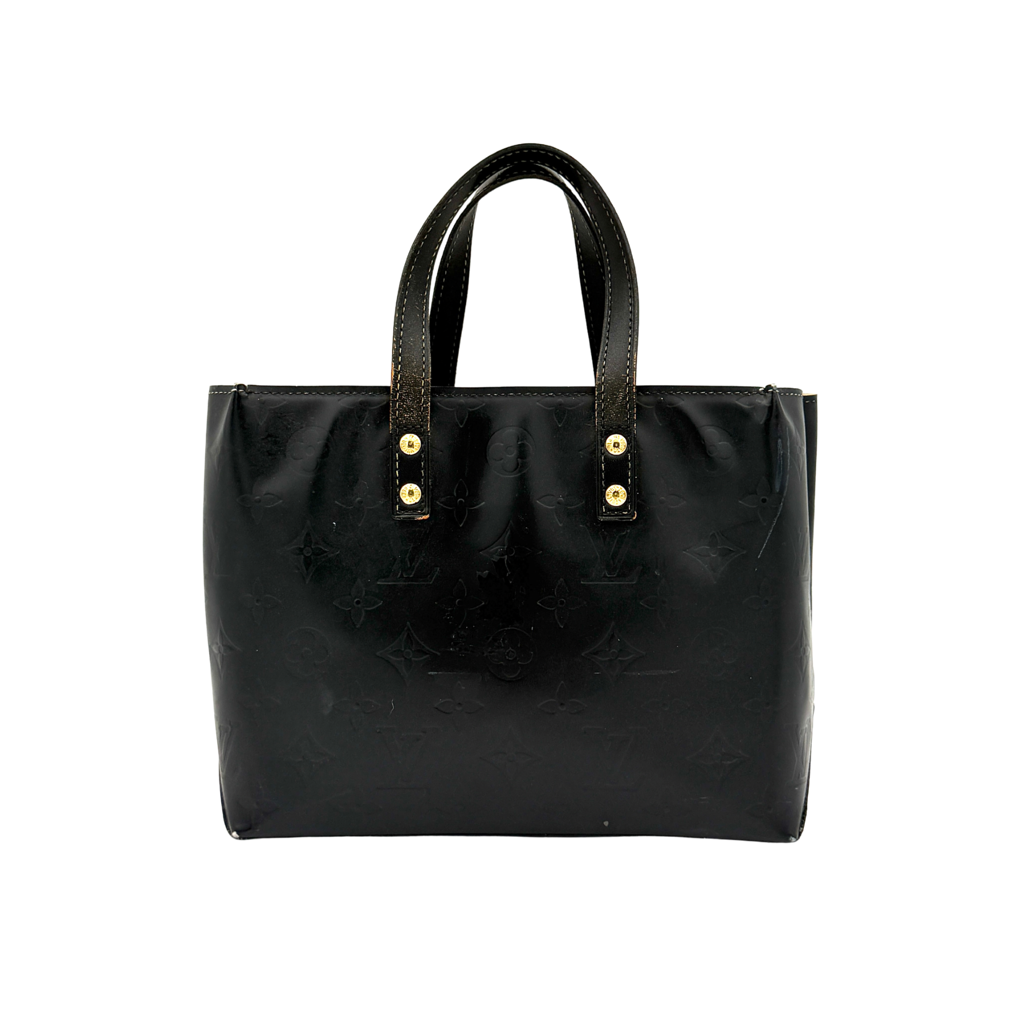 Louis Vuitton Monogram Vernis Reade PM shoulder bag in black patent leather featuring embossed monogram pattern, double top handles, and gold-tone hardware.