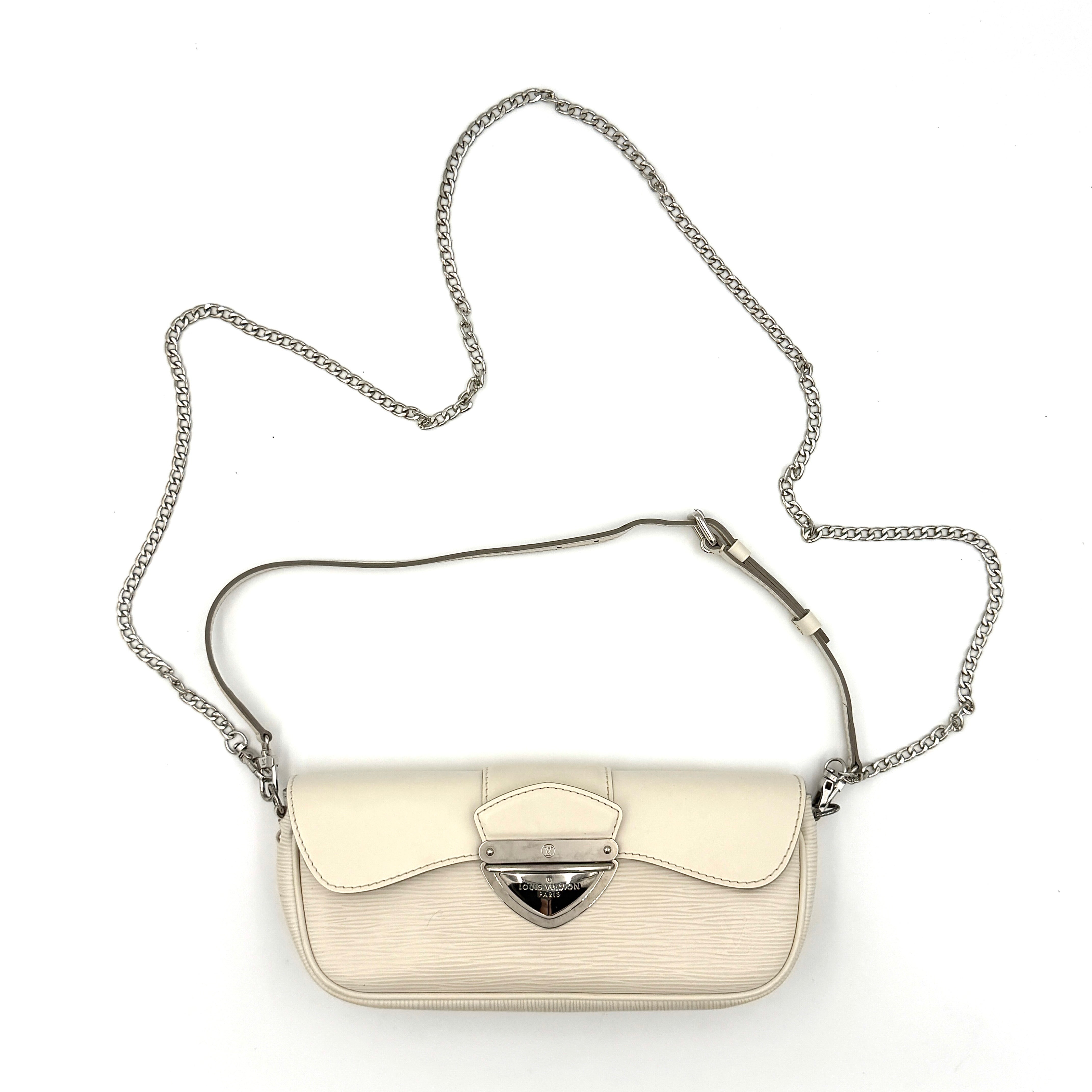 Louis Vuitton Montaigne Epi Pochette Bag Ivory crafted from textured epi leather with silver-tone clasp and detachable chain strap.