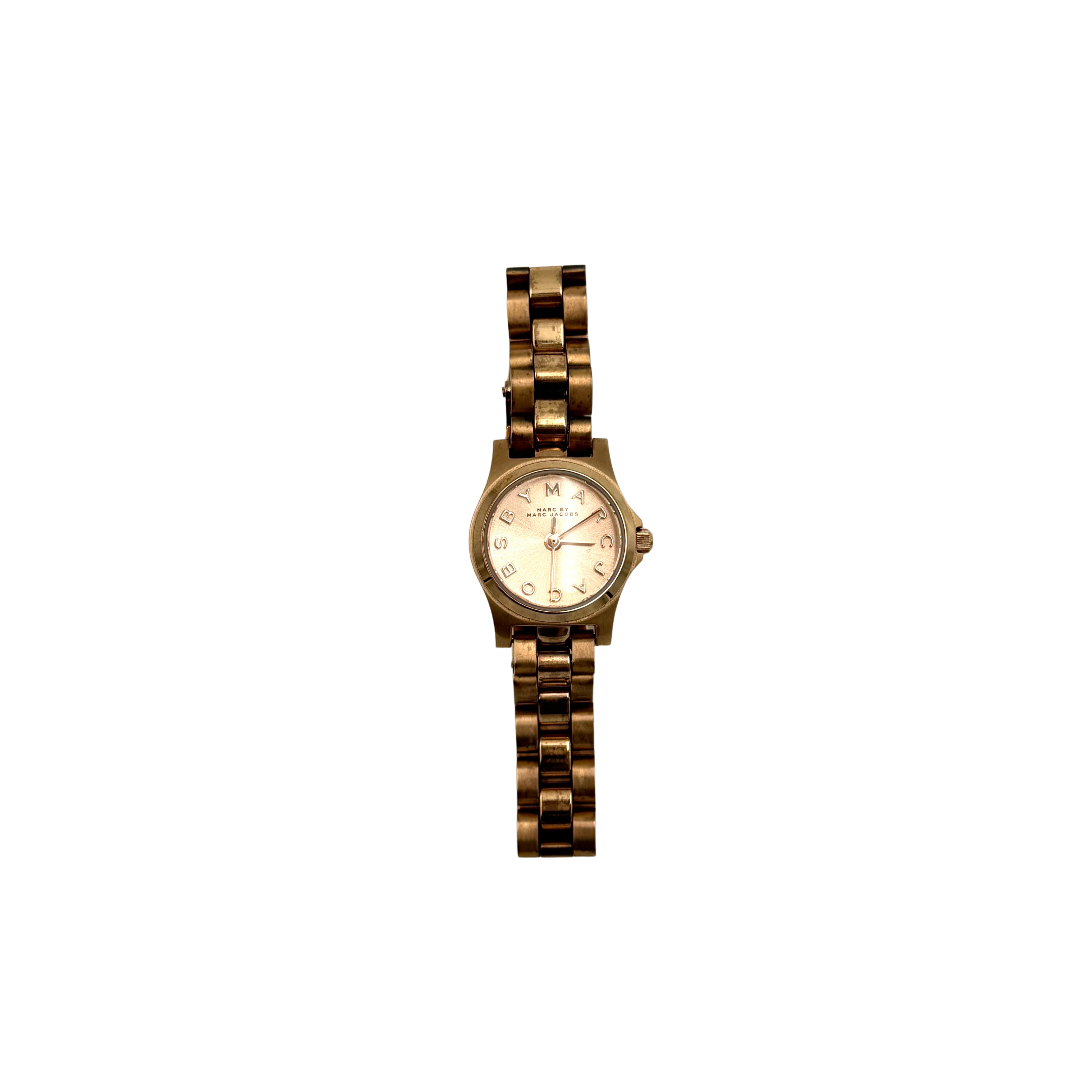 Marc Jacobs Henry Dinky watch with a rose gold dial and gold strap, held against a white background.