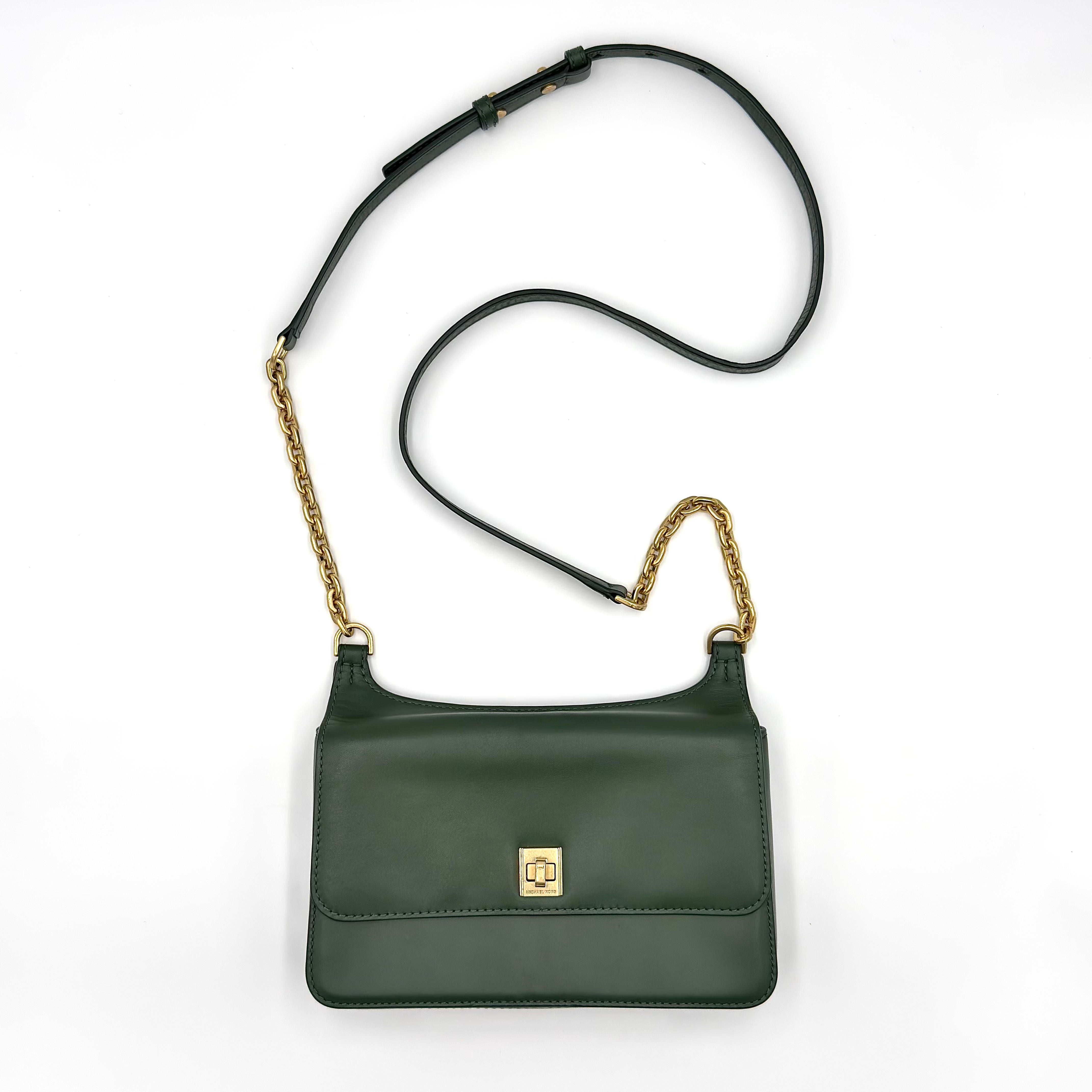 Michael Kors Natalie Medium Leather Messenger Bag in green leather with gold-tone turn-lock closure and chain-and-leather strap, featuring multiple interior compartments.