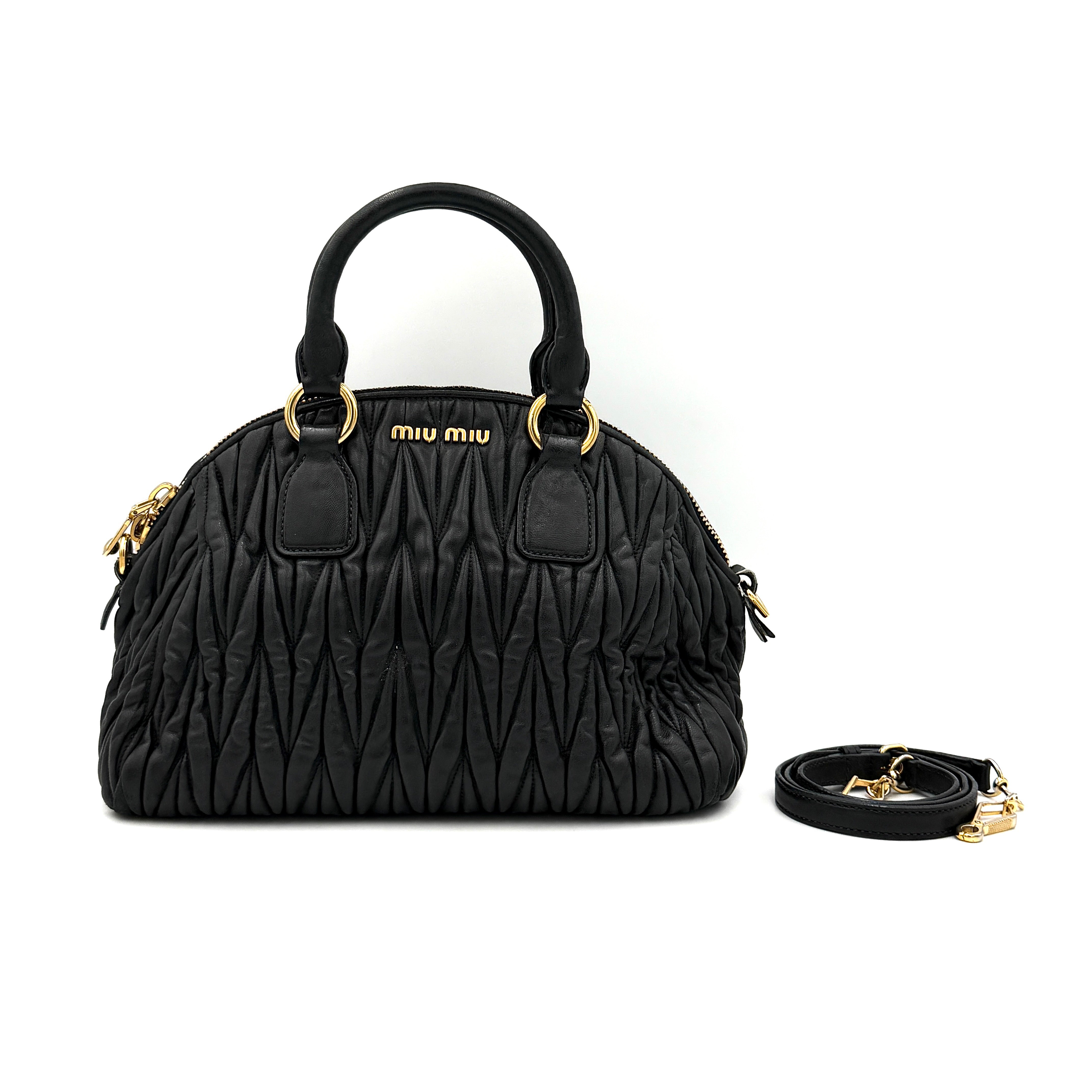 Miu Miu 2Way Matelassé Bowler Shoulder Bag in black leather with gold-tone hardware and detachable strap.
