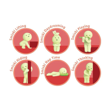 Smiski collectible figure, glow-in-the-dark mini character in quirky poses, perfect for shelves and desks.