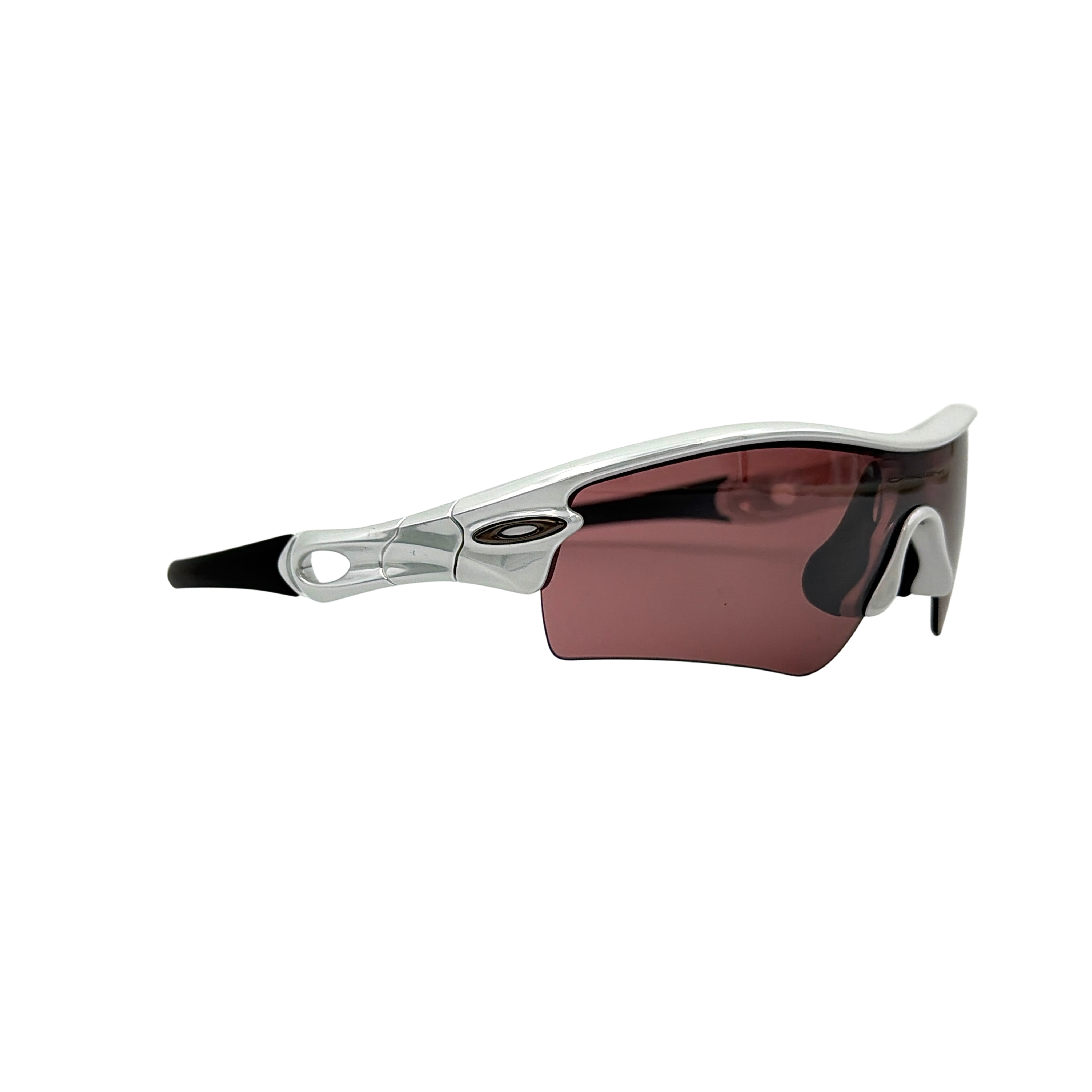 Oakley Radar Path 09-673J sunglasses in white chrome and black with wraparound shield lens, shown with hard case.
