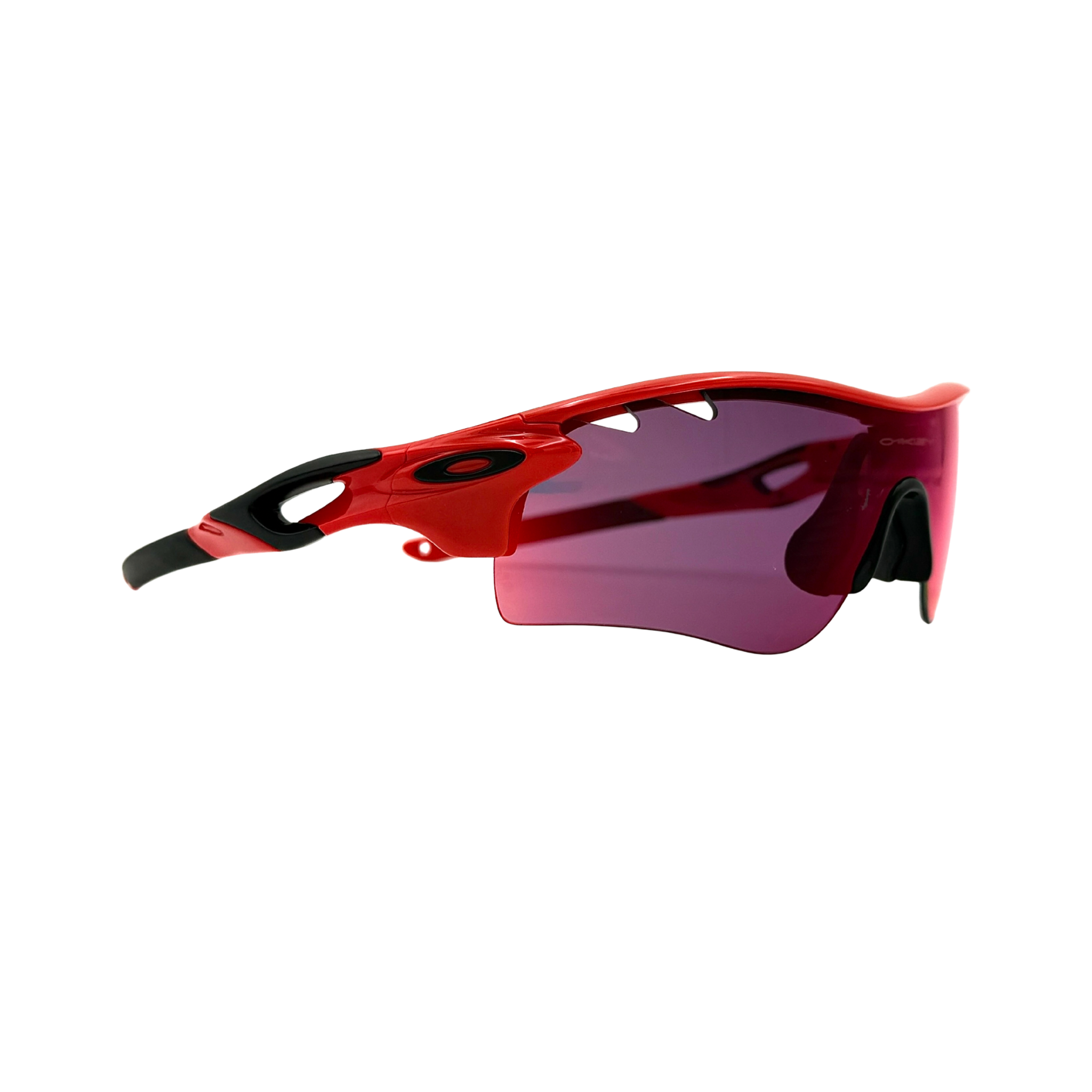 Oakley Radarlock Path Prizm Sunglasses with a red frame, curved arms, and Prizm lenses, showcasing a sporty design.