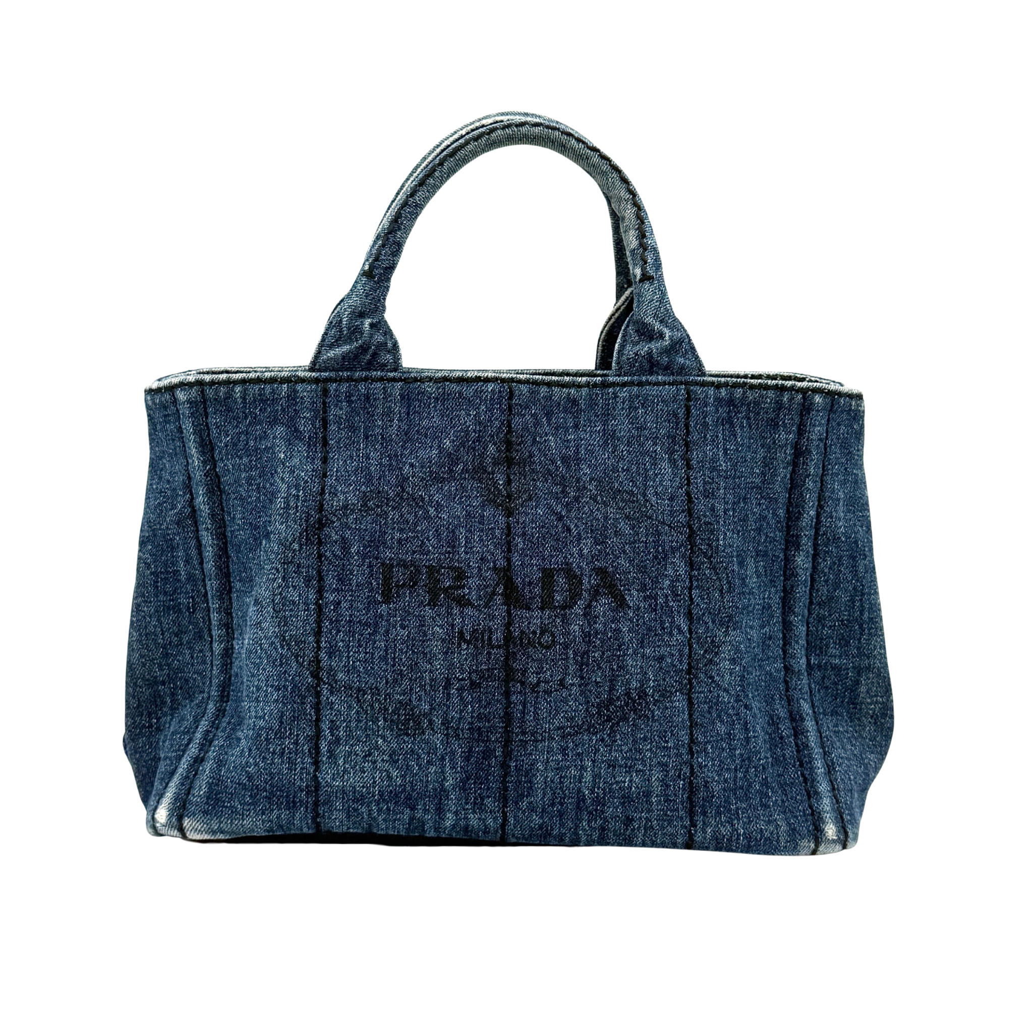 Prada Canapa denim tote bag in blue with subtle logo detailing and sturdy double handles