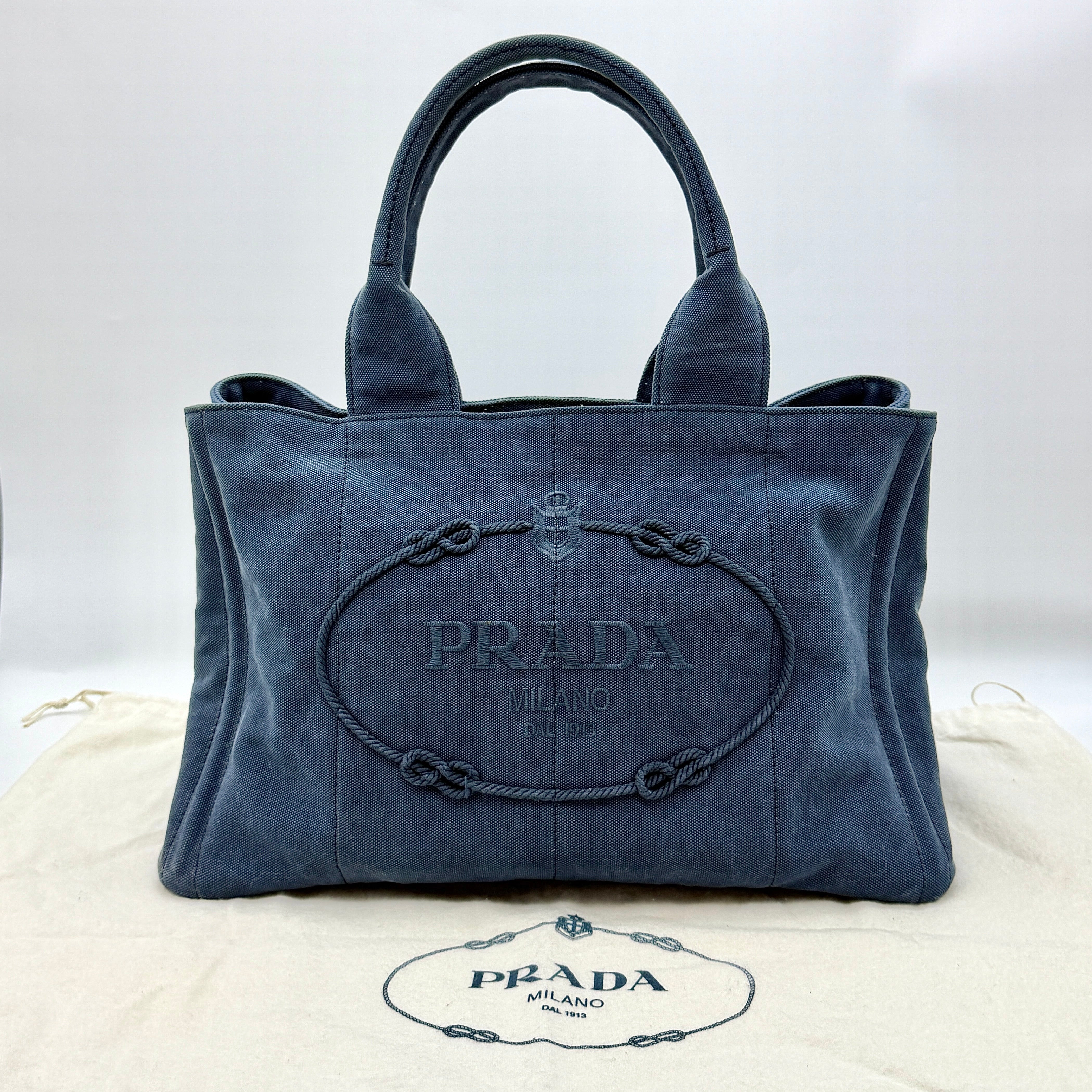Prada Canapa Embroidered Logo Tote Bag in blue canvas with rope logo design and gold-tone hardware
