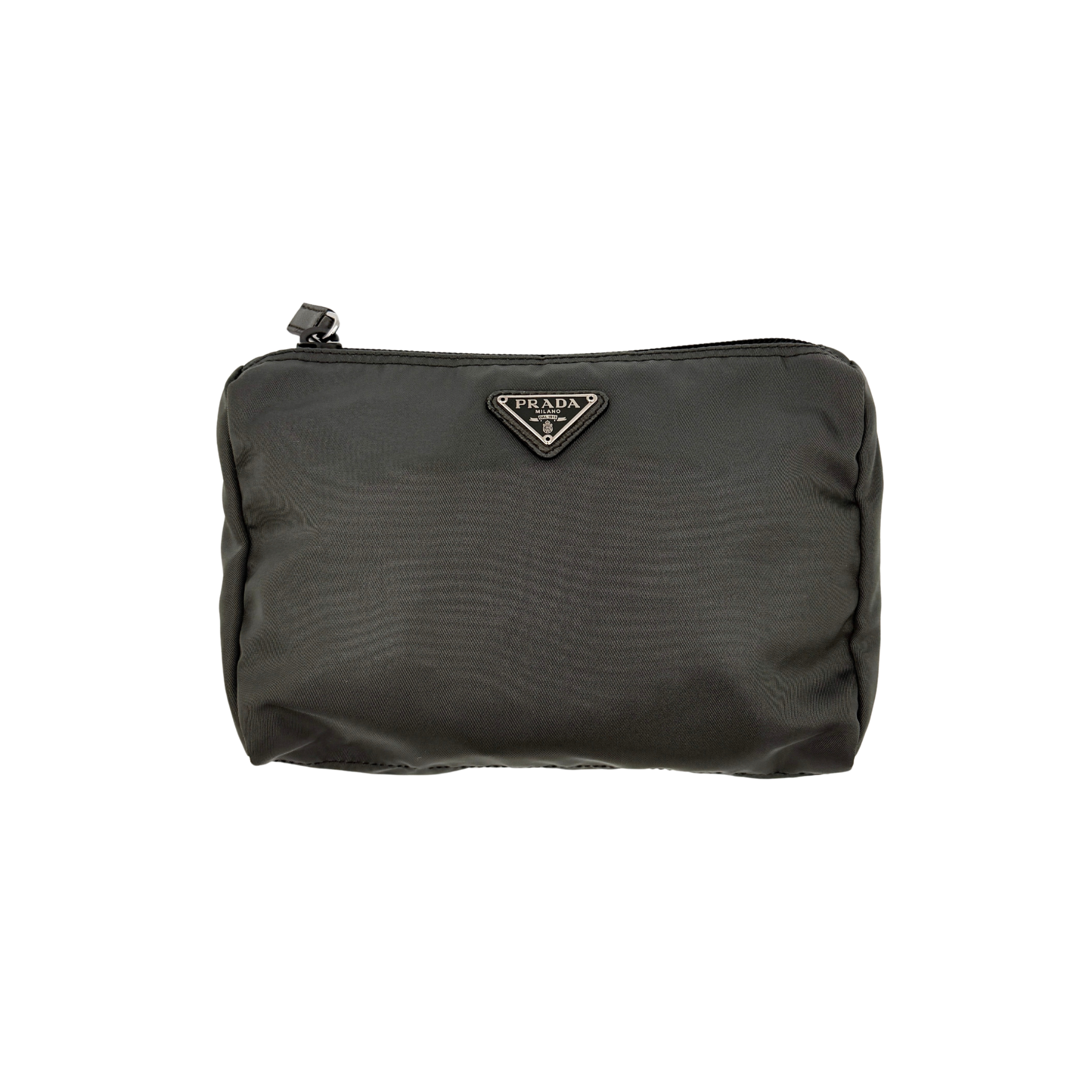 Prada nylon cosmetic pouch bag in grey featuring the iconic triangle logo plaque and zip-top closure.