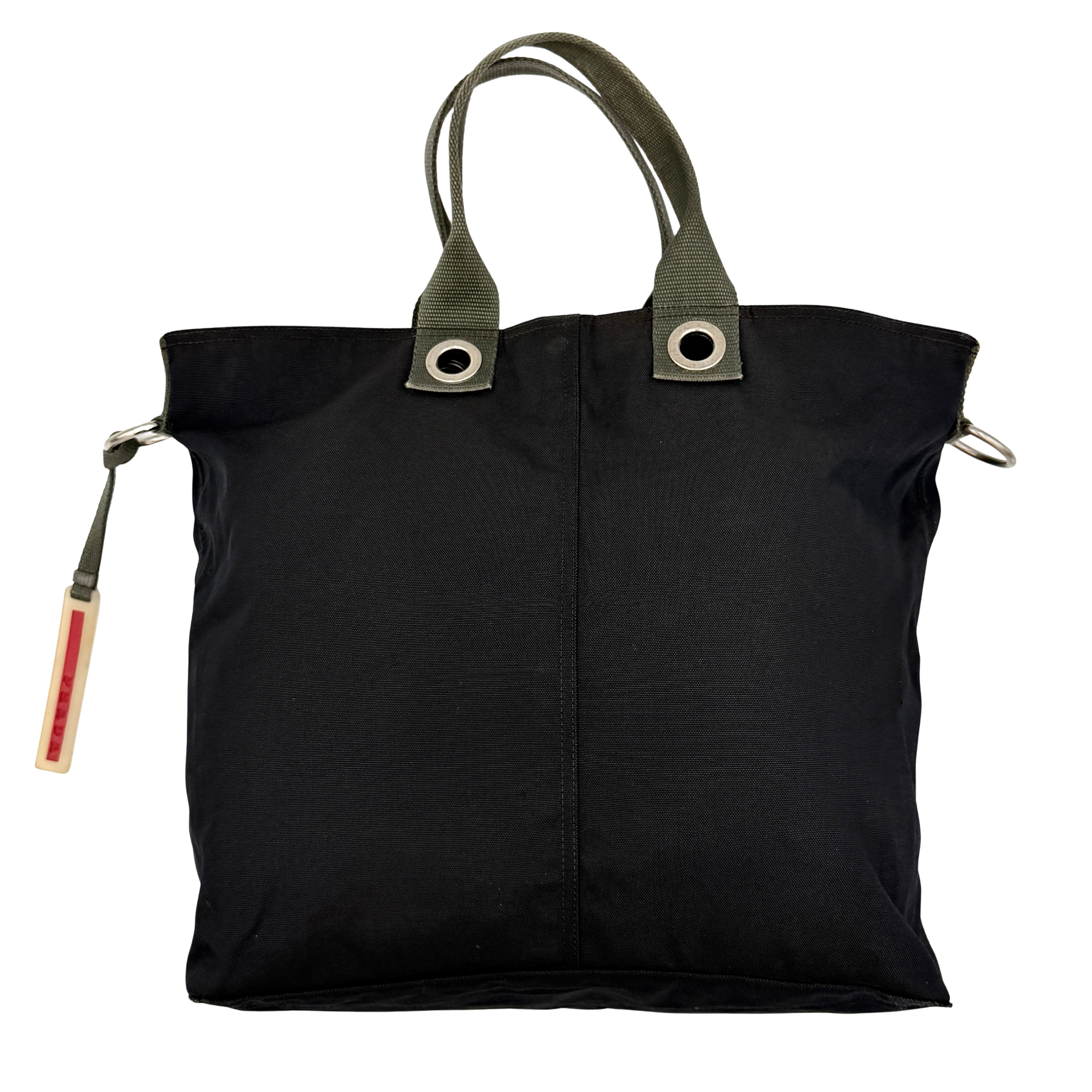 Prada Sport Nylon Tote Bag in black featuring a spacious design, double handles, and a subtle modern finish