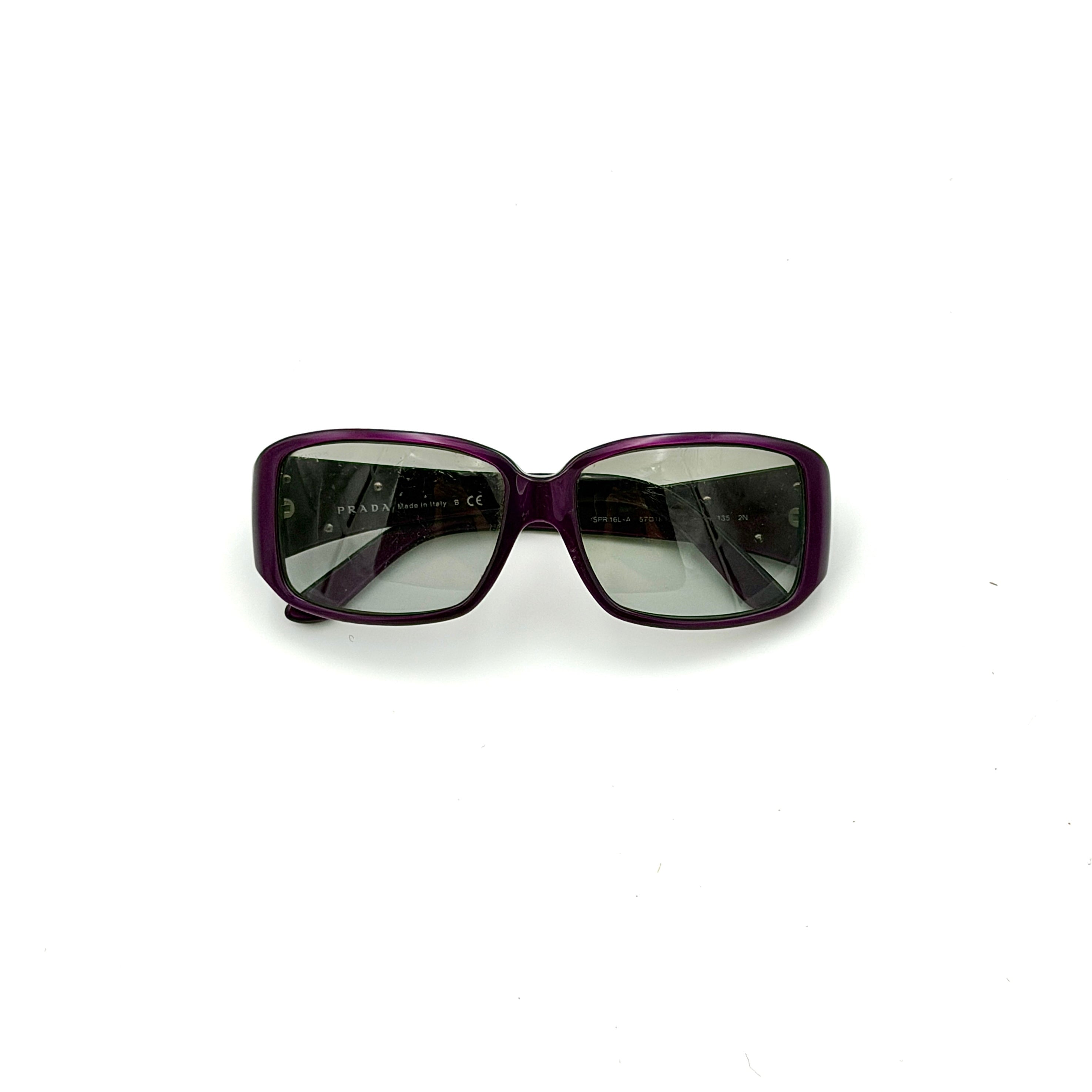 Prada SPR 16L-A Preloved Luxury Sunglasses in metallic purple with silver gradient lenses and logo plaque temples.