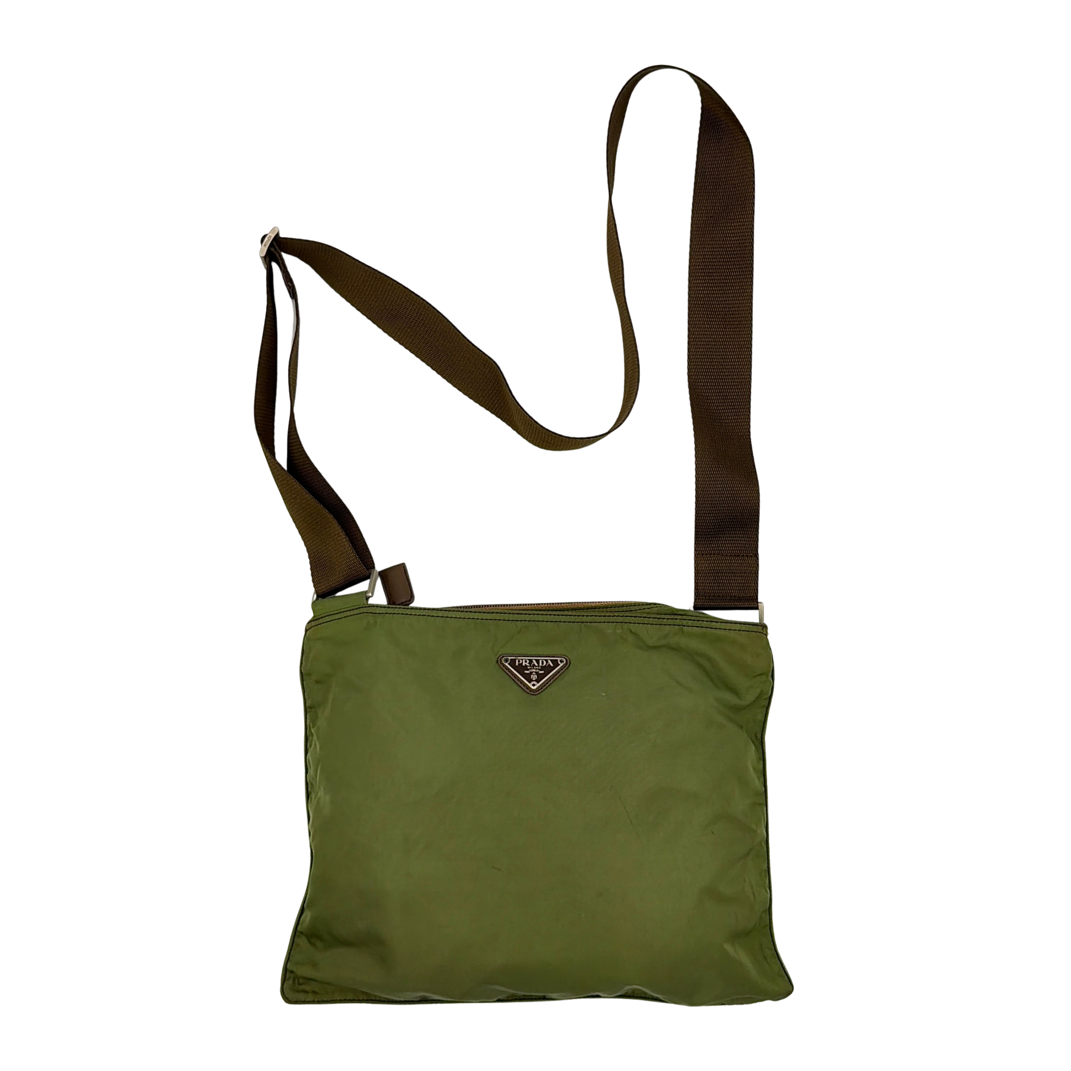 Prada Tessuto nylon crossbody bag in olive green with adjustable strap and triangle logo plaque, shown front and back views with close-up detail.
