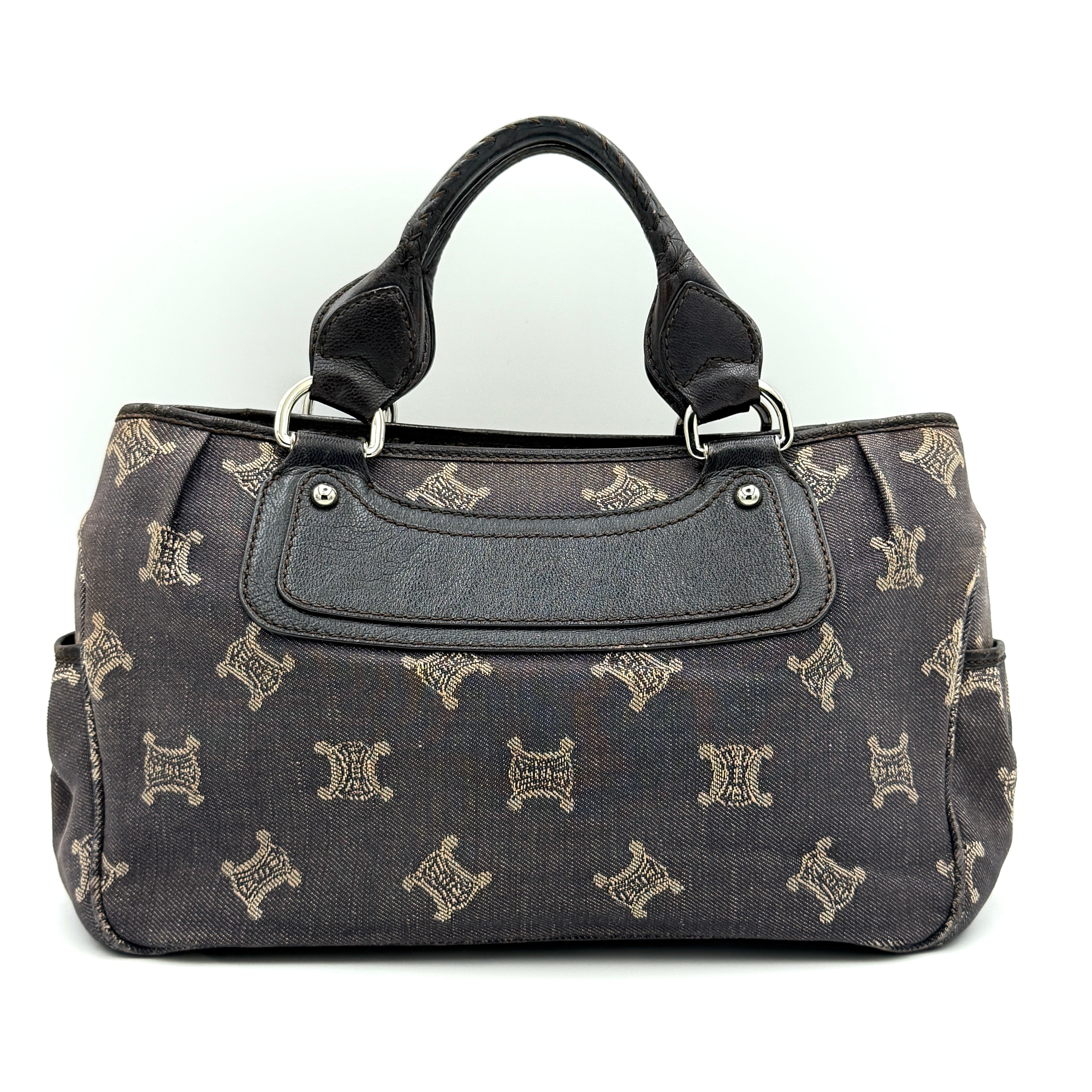 Celine Macadam Boogie Handbag in denim canvas with leather trim, silver hardware, and floral interior lining