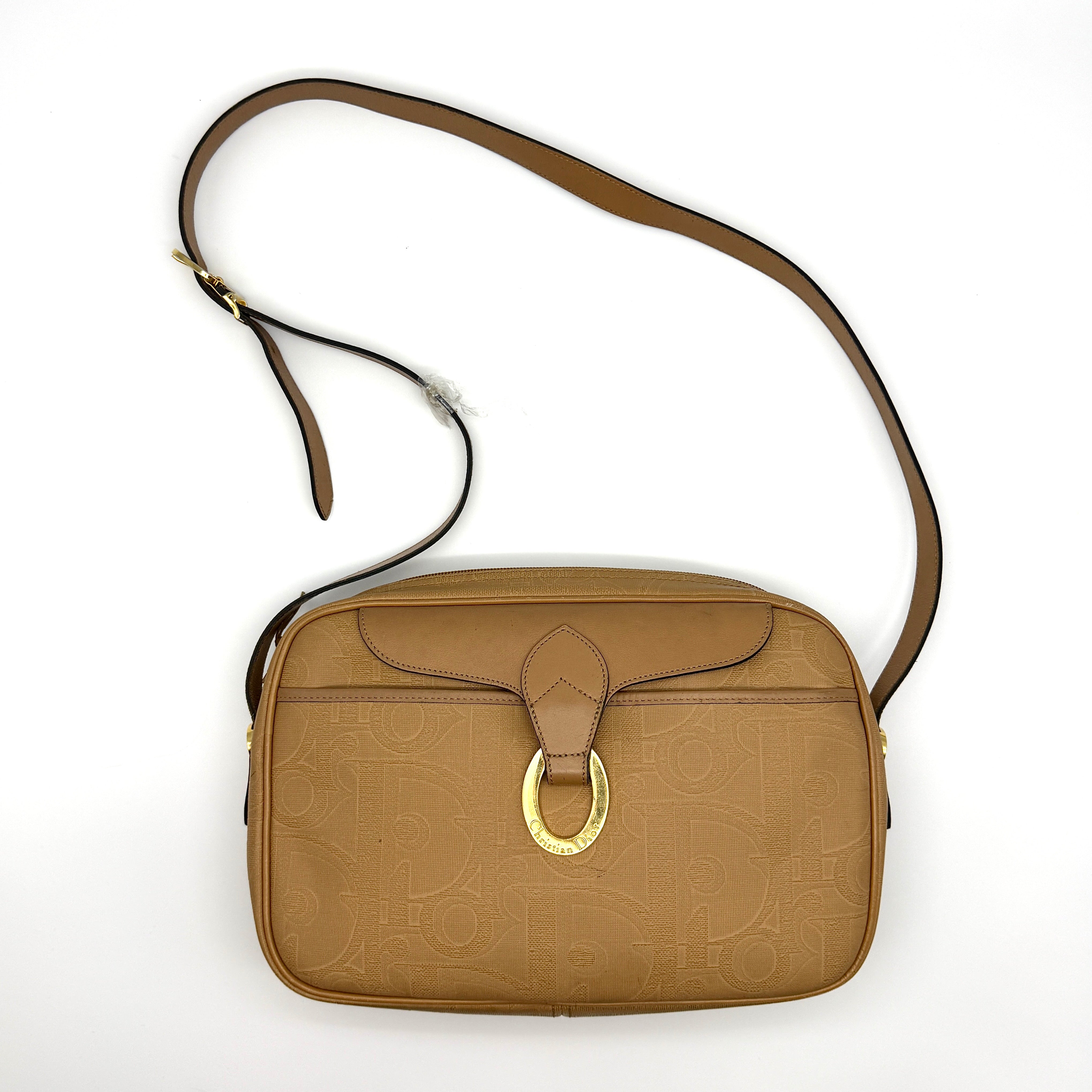 Christian Dior CD Monogram Trotter Crossbody Bag in beige with gold-tone ring emblem and leather trim