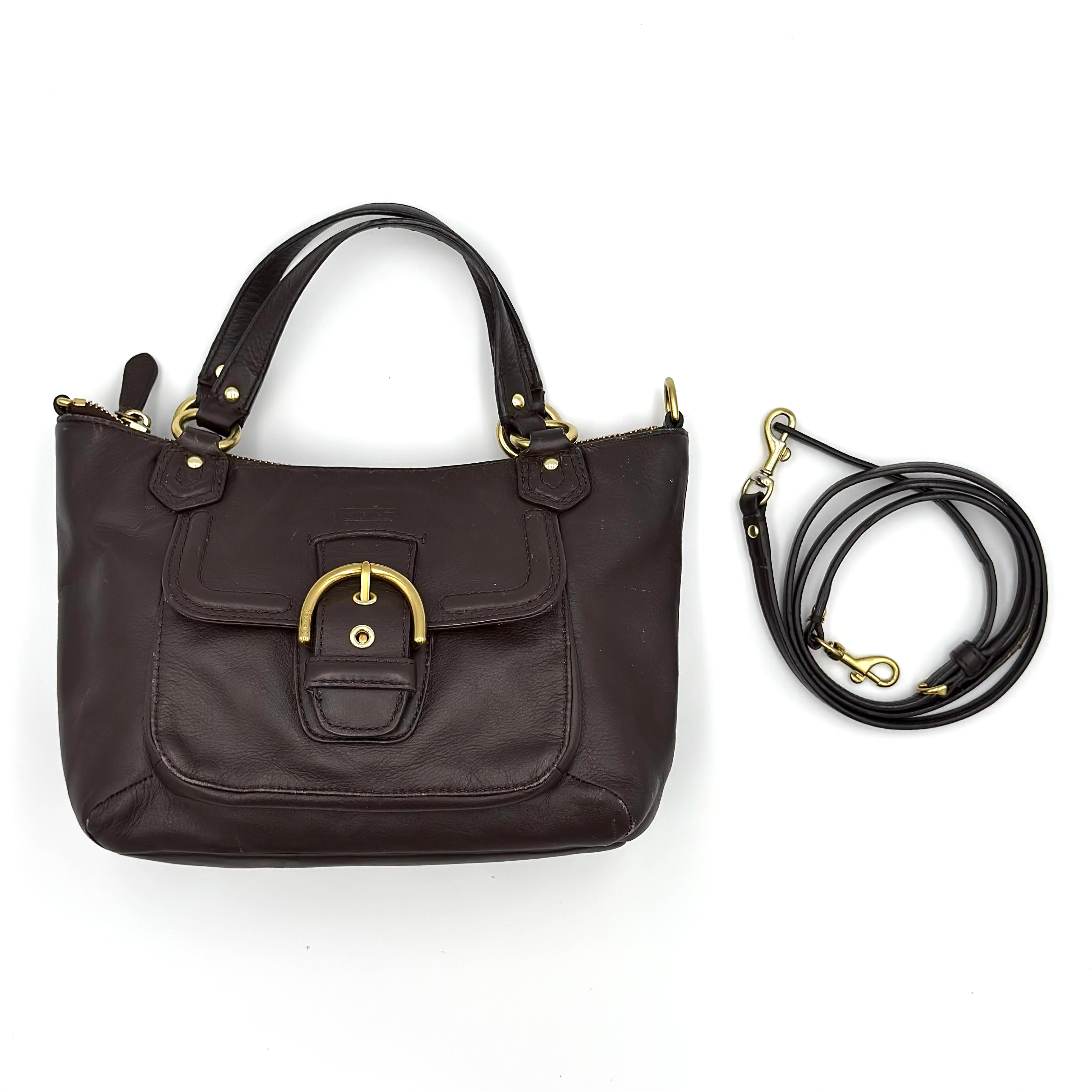 Coach 2Way Campbell Belle Shoulder Bag in brown leather with gold-tone hardware and front buckle pocket